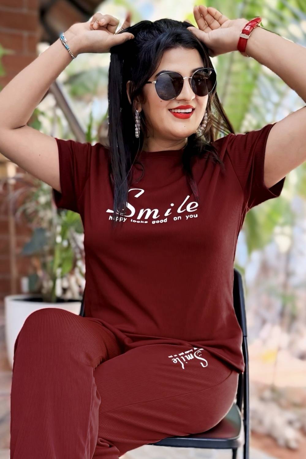 AAI Women Printed Maroon Night Suit Set
