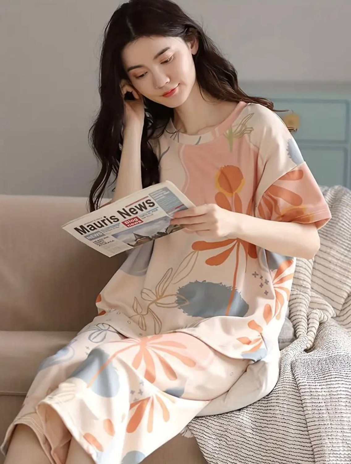 Image of Blacknari Women Night Suit Set Beige Printed, Floral Print