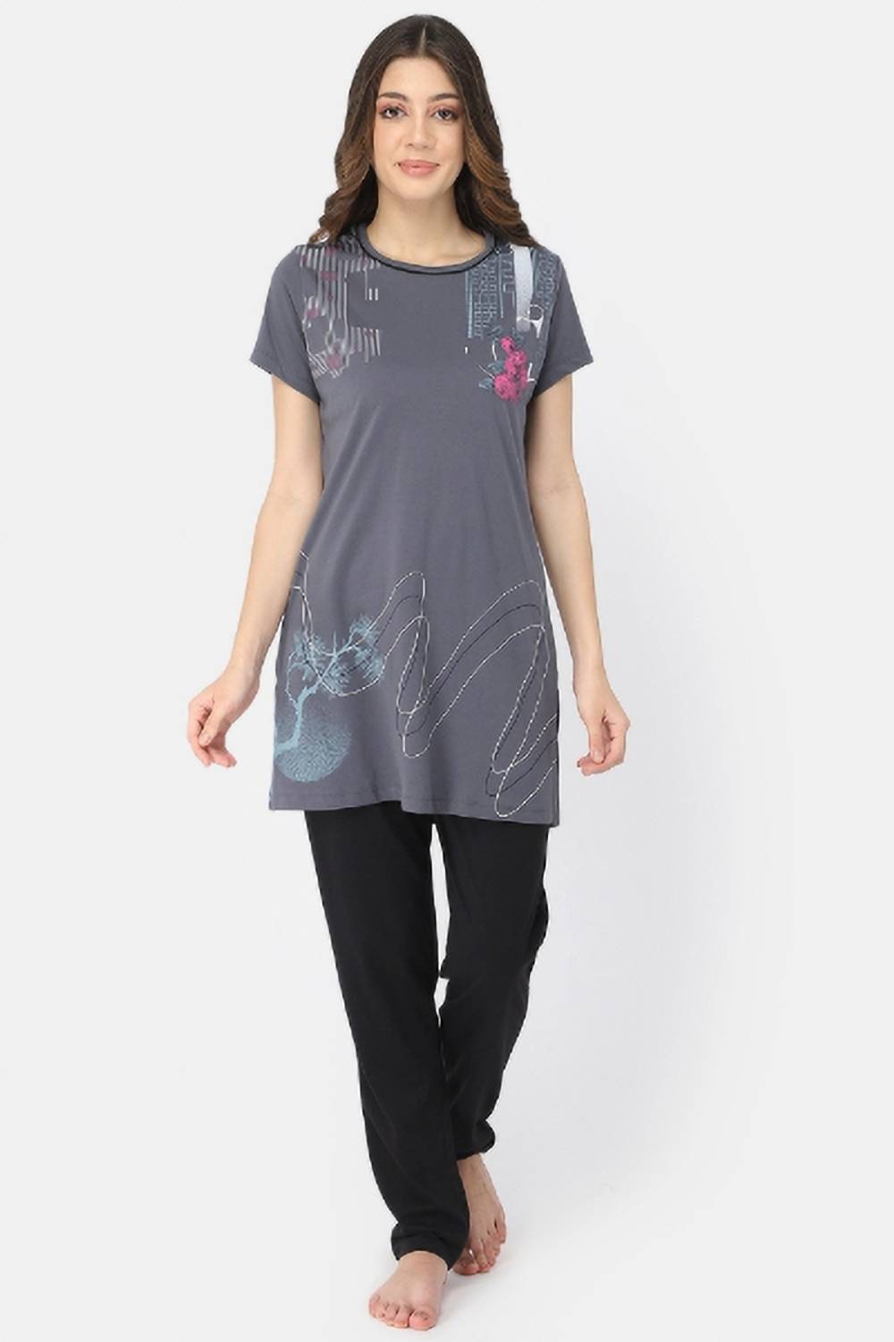 Looper Women Printed Grey Top & Pyjama Set