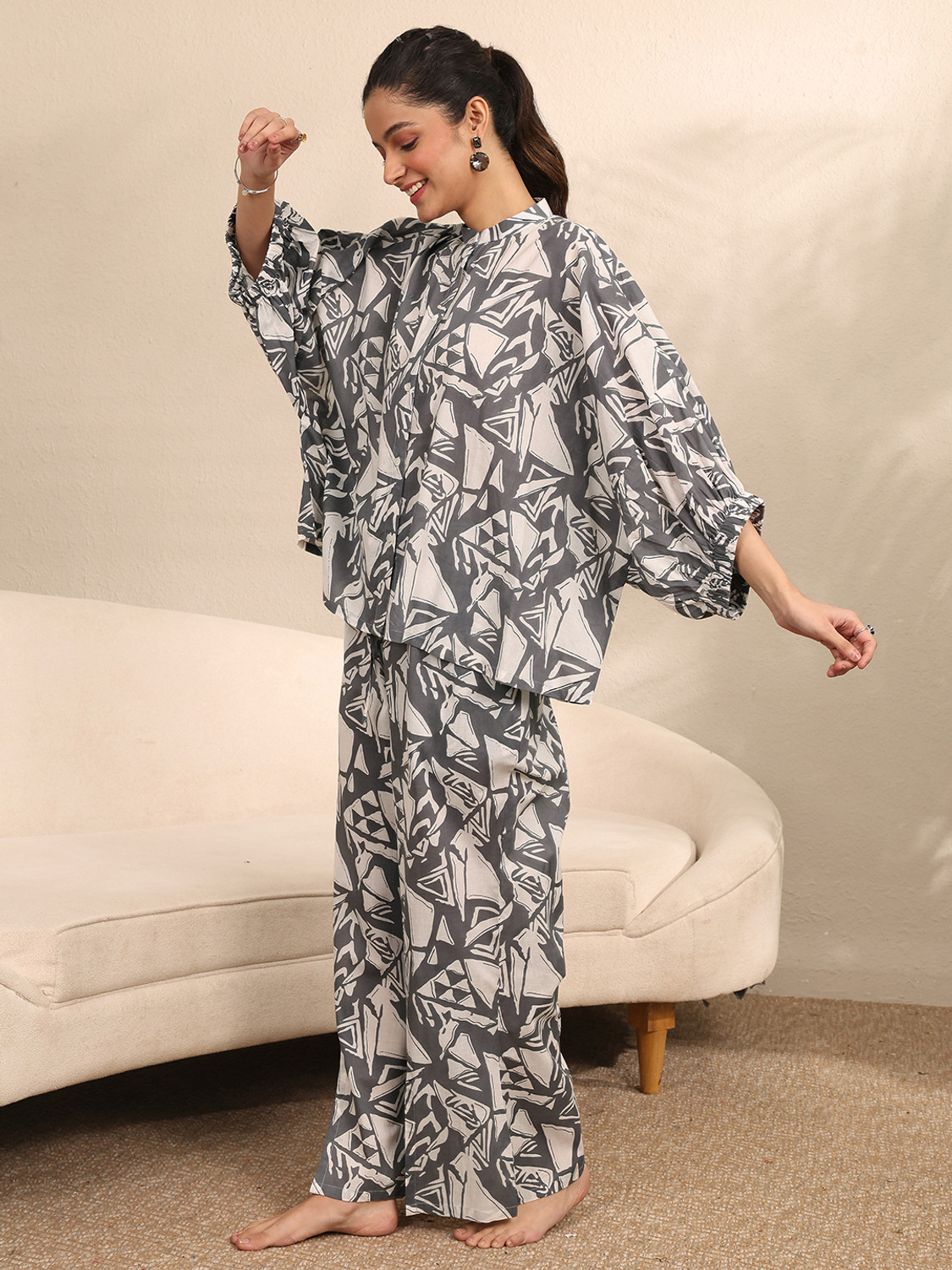 Image of LIBAS Women Printed Grey Shirt & Pyjama set