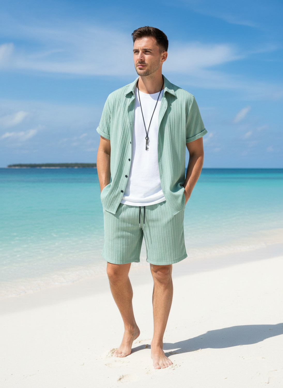 Image of Zbella Men Self Design Light Green Top & Shorts Set