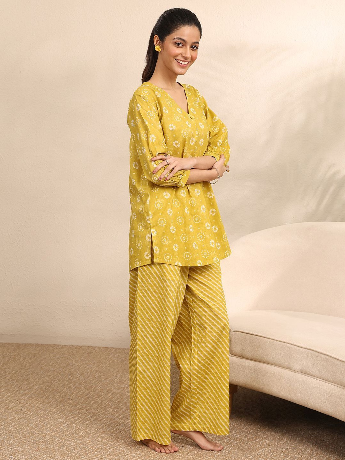 LIBAS Women Printed Yellow Top & Pyjama Set
