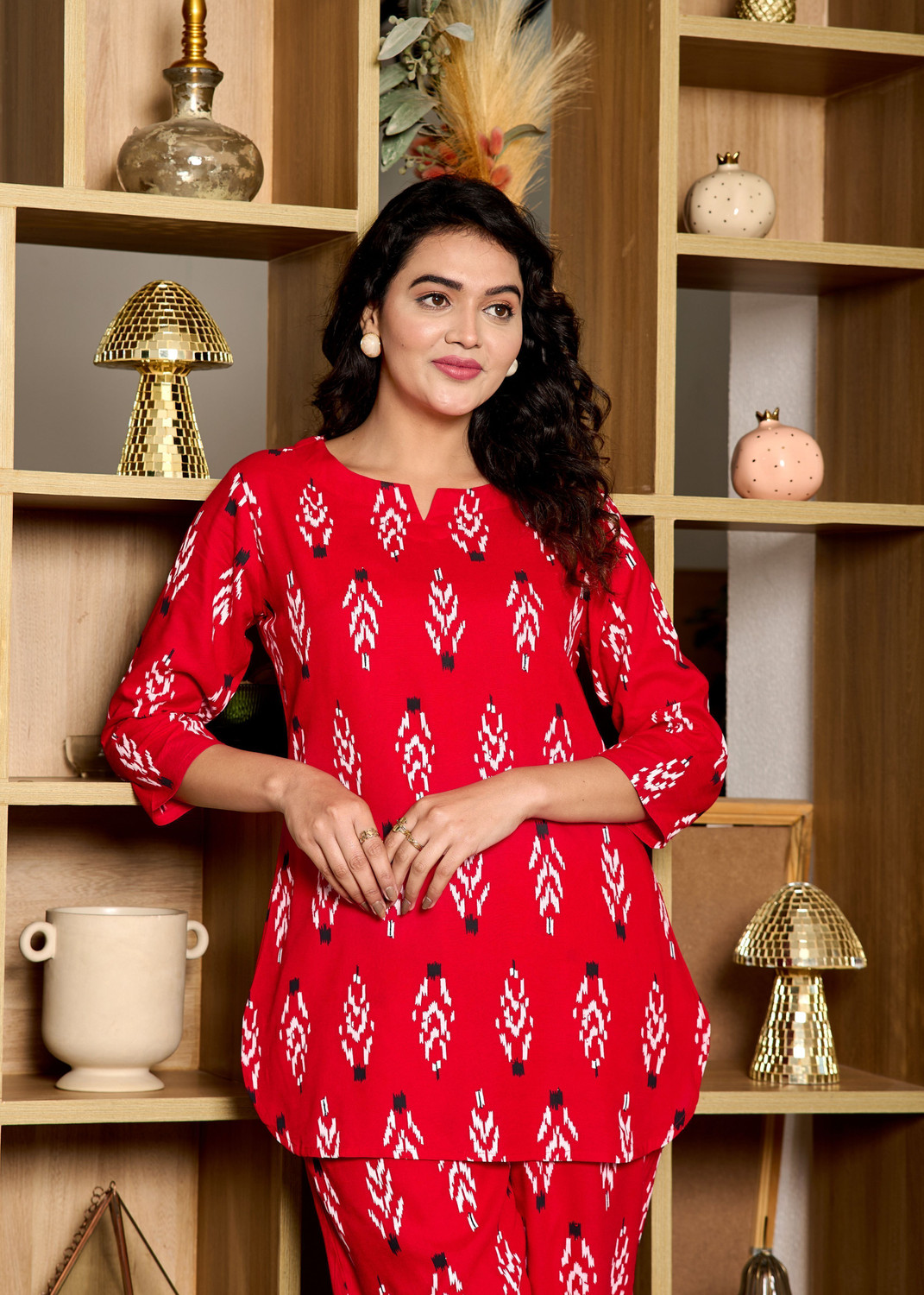 Image of Miss Rekha Women Printed Red Night Suit Set