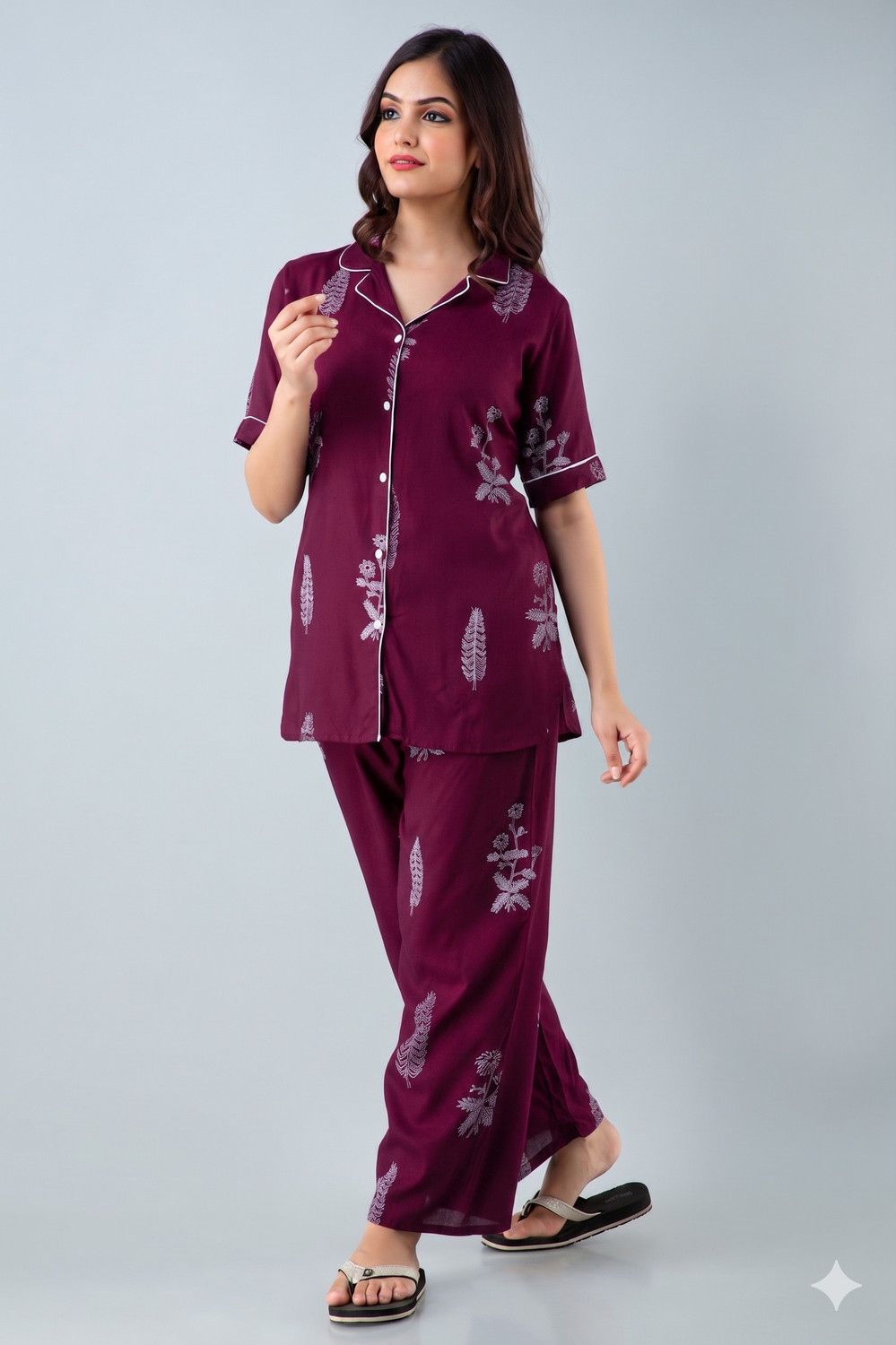 Image of TRINABH Women Printed Purple Shirt & Pyjama set