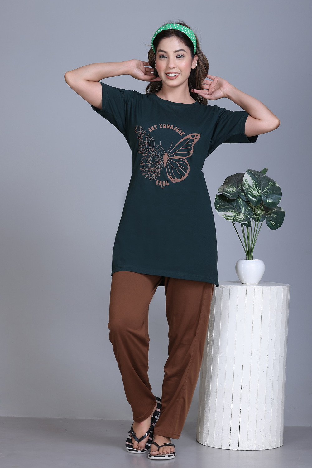 Image of Slobros Women Printed Dark Green, Brown Night Suit Set