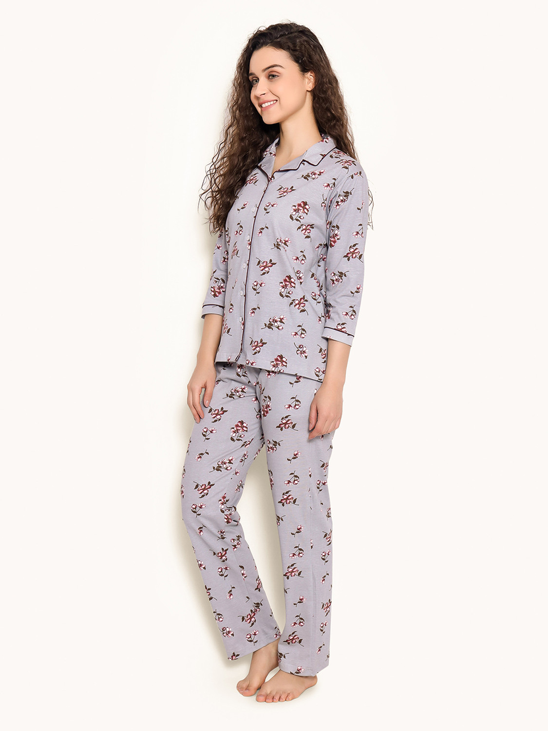 Image of Clovia Women Floral Print Grey Shirt & Pyjama set