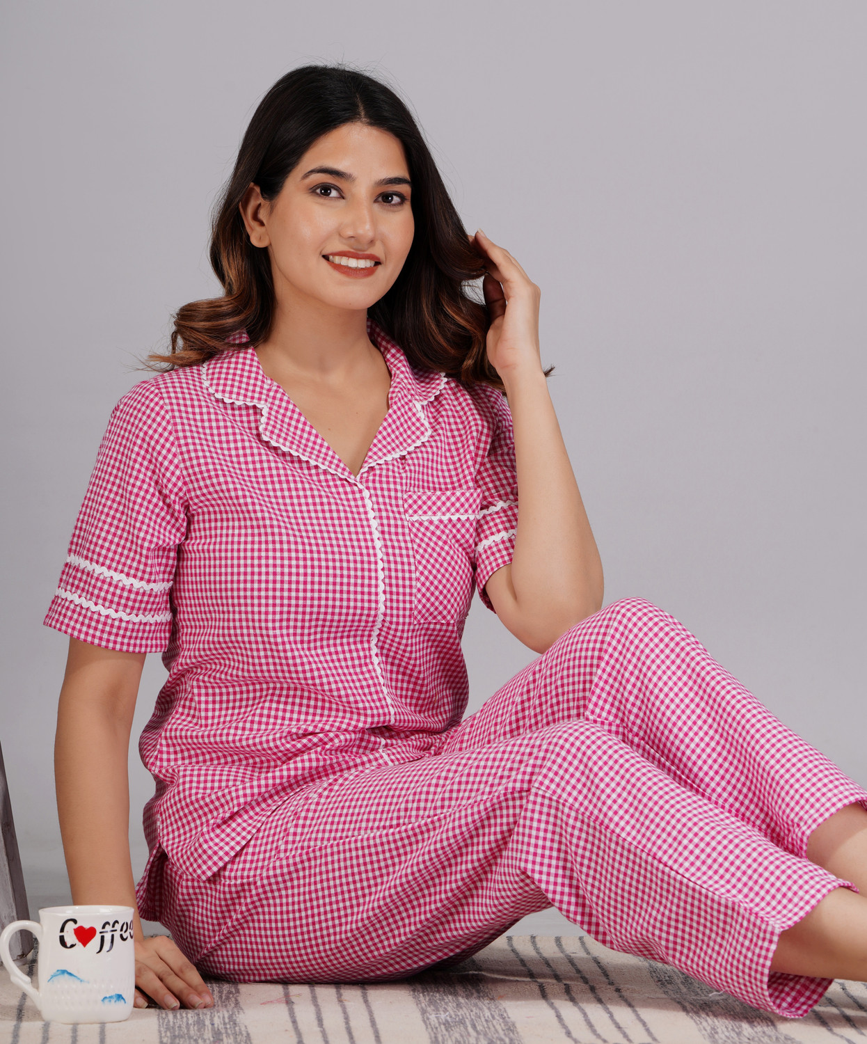 Image of Ameerah Women Checkered Pink Shirt & Pyjama set