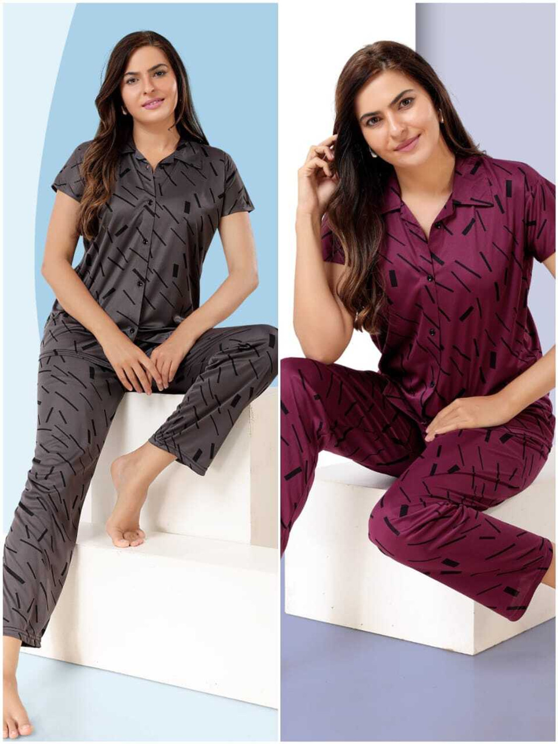 Image of Trade Zone Women Printed Grey Shirt & Pyjama set