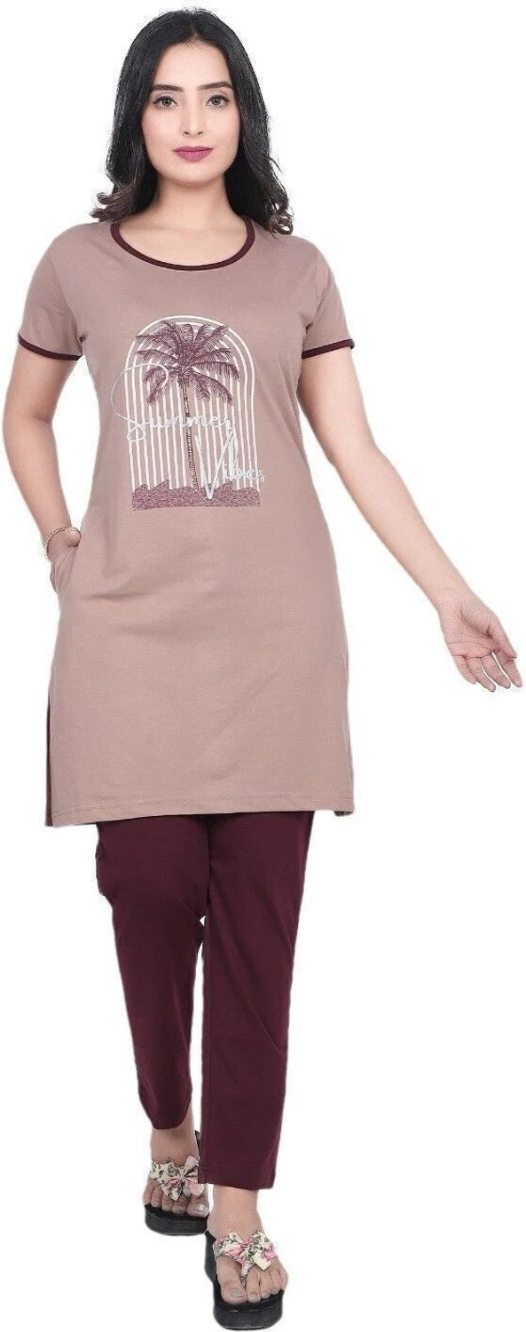 Image of Clint Women Graphic Print Brown Top & Pyjama Set