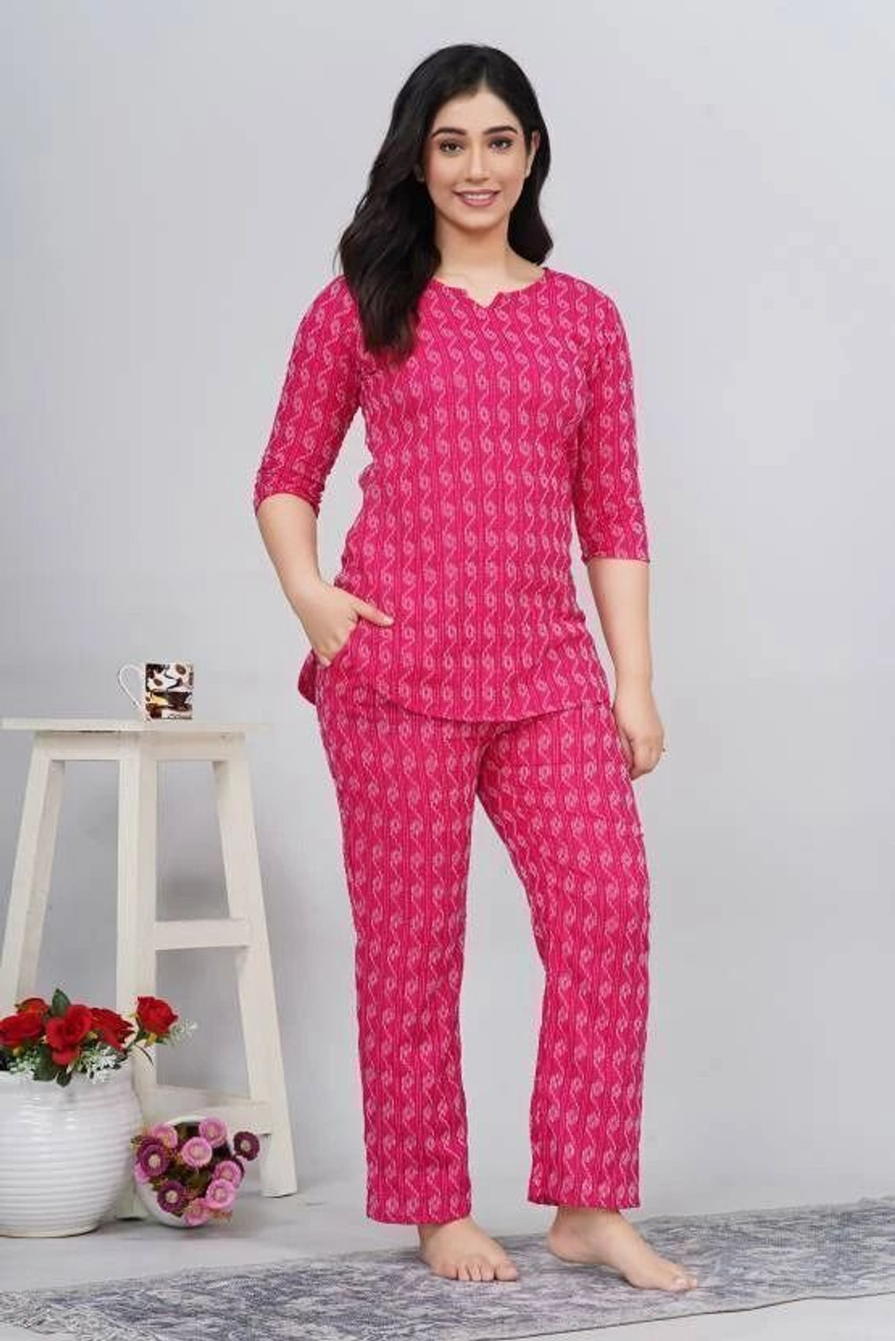 Image of MAMTA TEXTILE Women Printed Pink Night Suit Set
