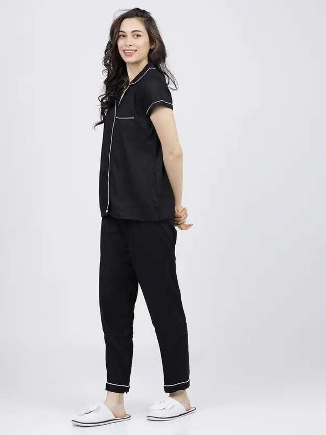 Image of GORDHAN Women Solid Black Shirt & Pyjama set