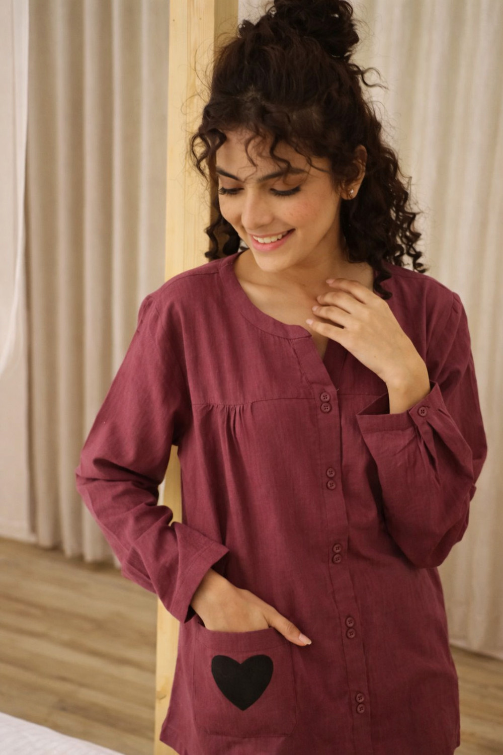 Image of ABHIJEETGARMENT Women Solid, Printed Maroon Top & Pyjama Set