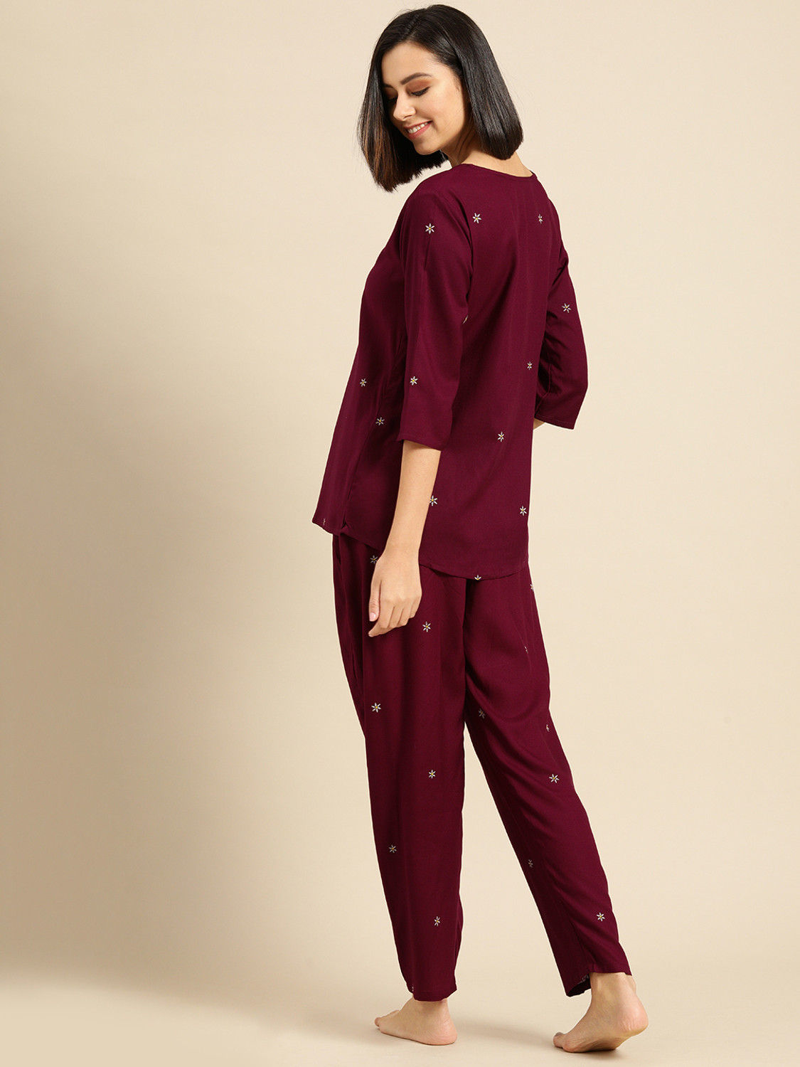 Image of ichaa Women Printed Maroon Night Suit Set