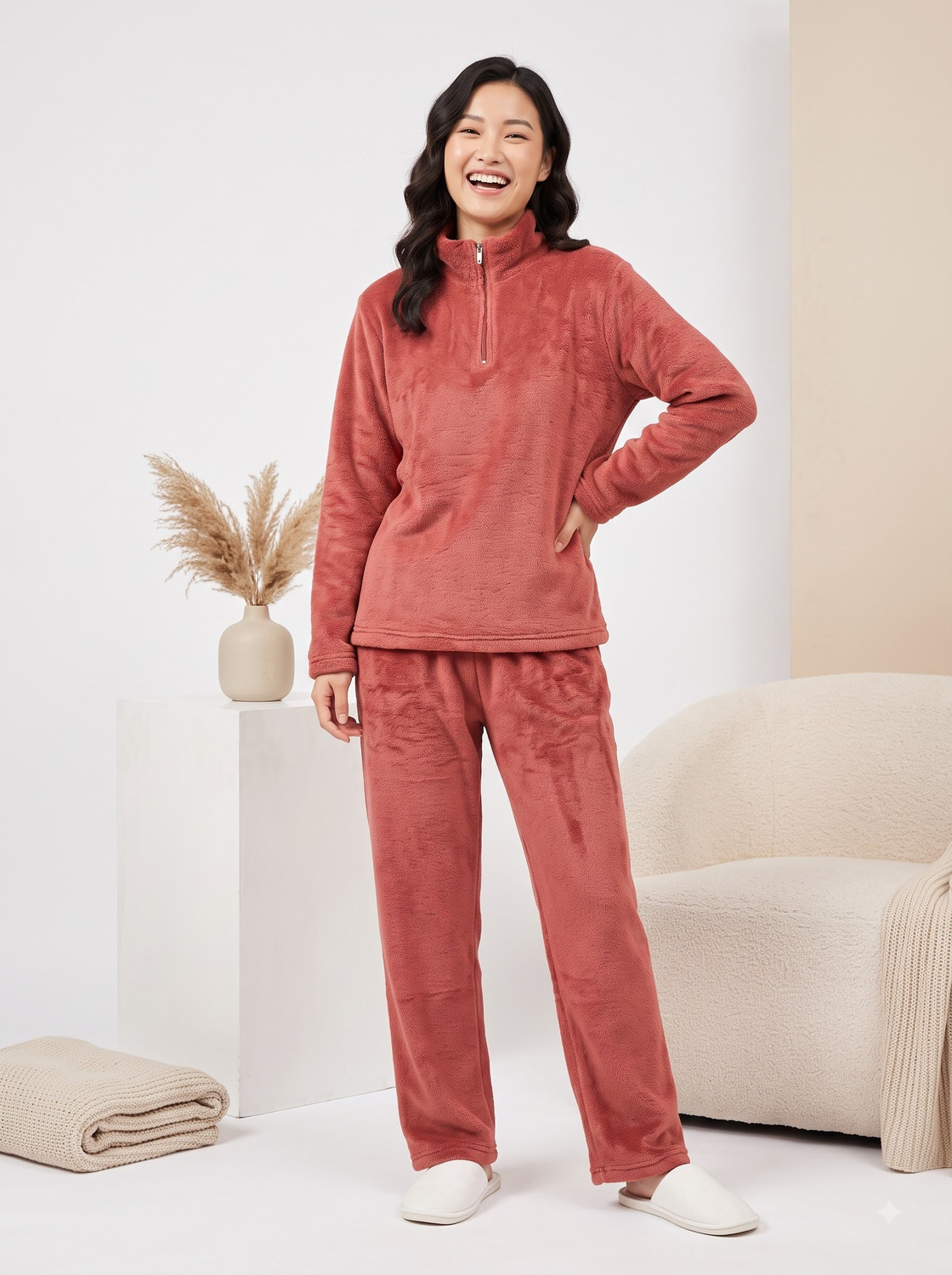 Image of Lugo Women Solid Red Night Suit Set