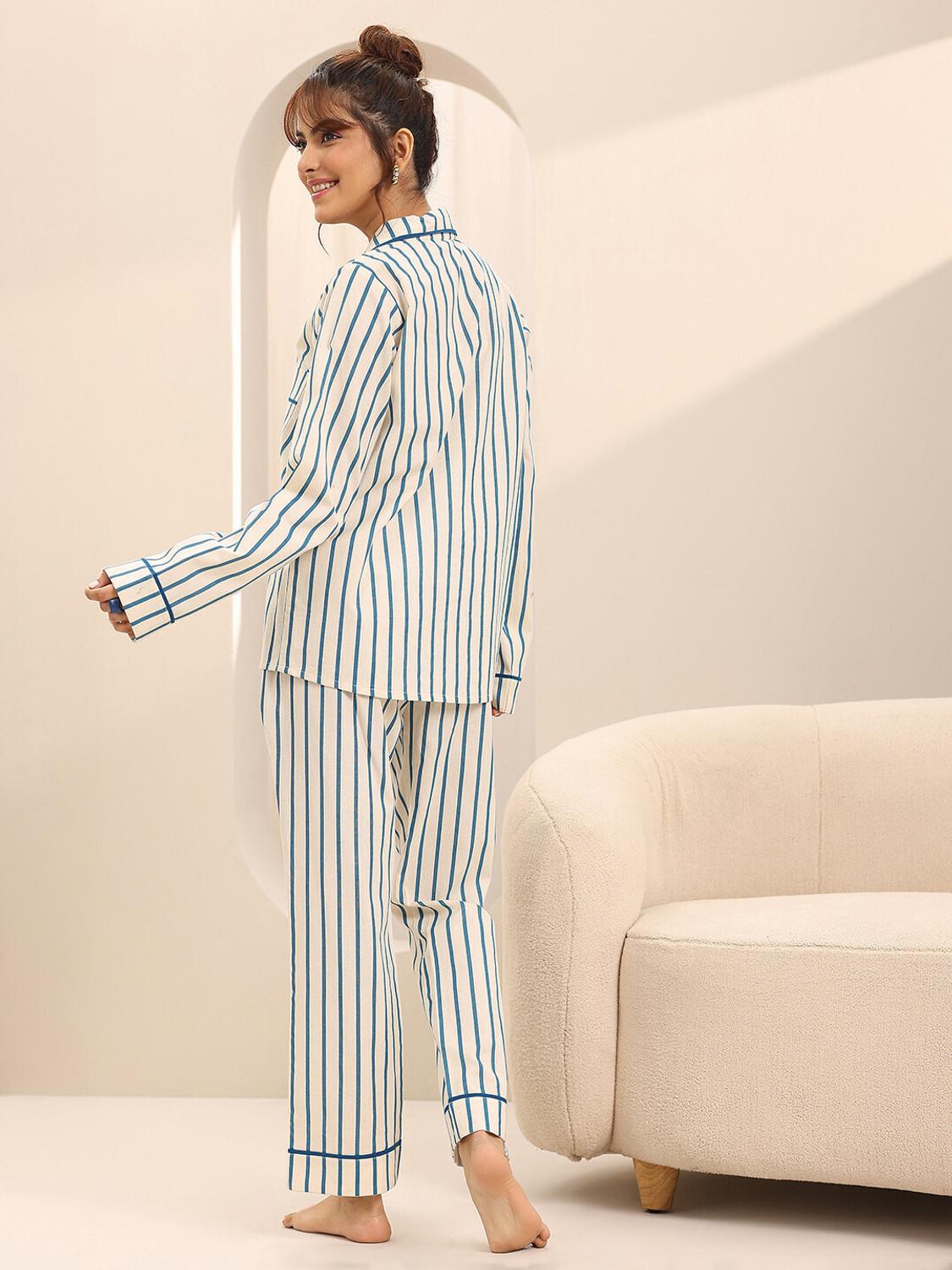 Image of LIBAS Women Striped White Night Suit Set