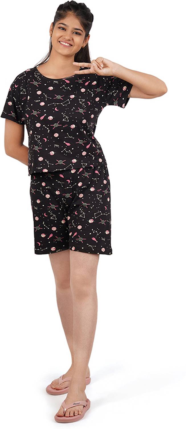Blackballe Girls Printed Black Top & Shorts Set