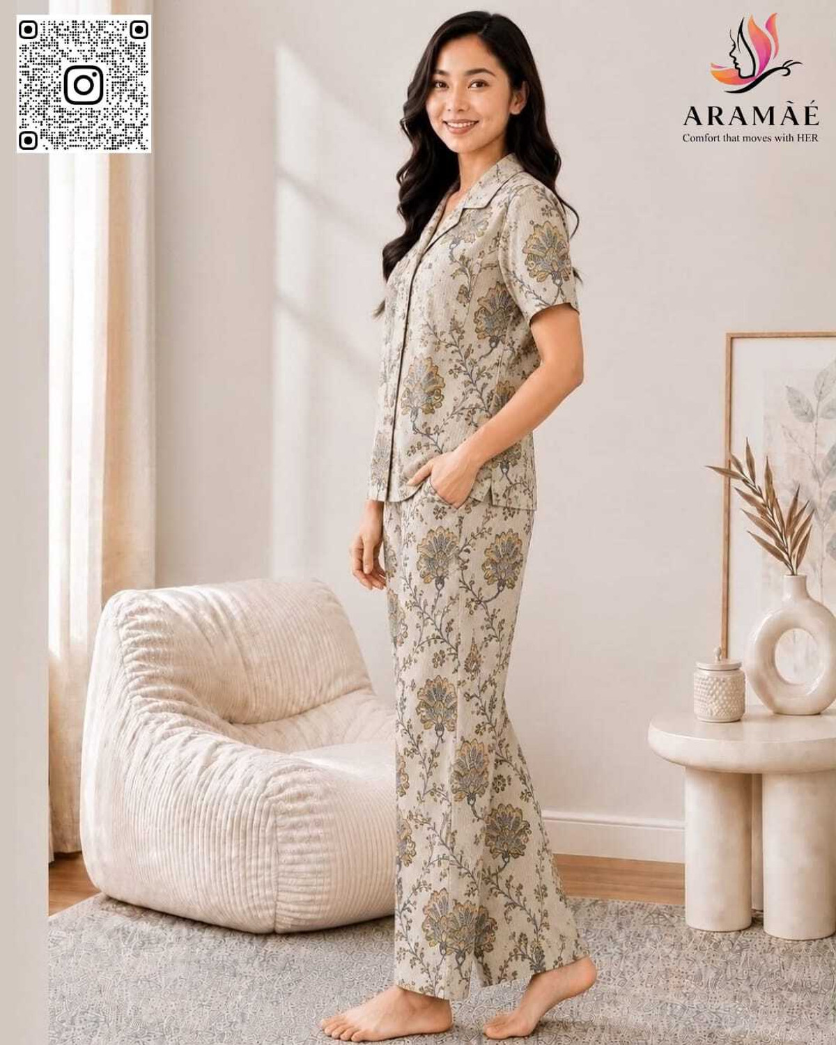 Image of aramae braless night wear Women Floral Print Beige Night Suit Set