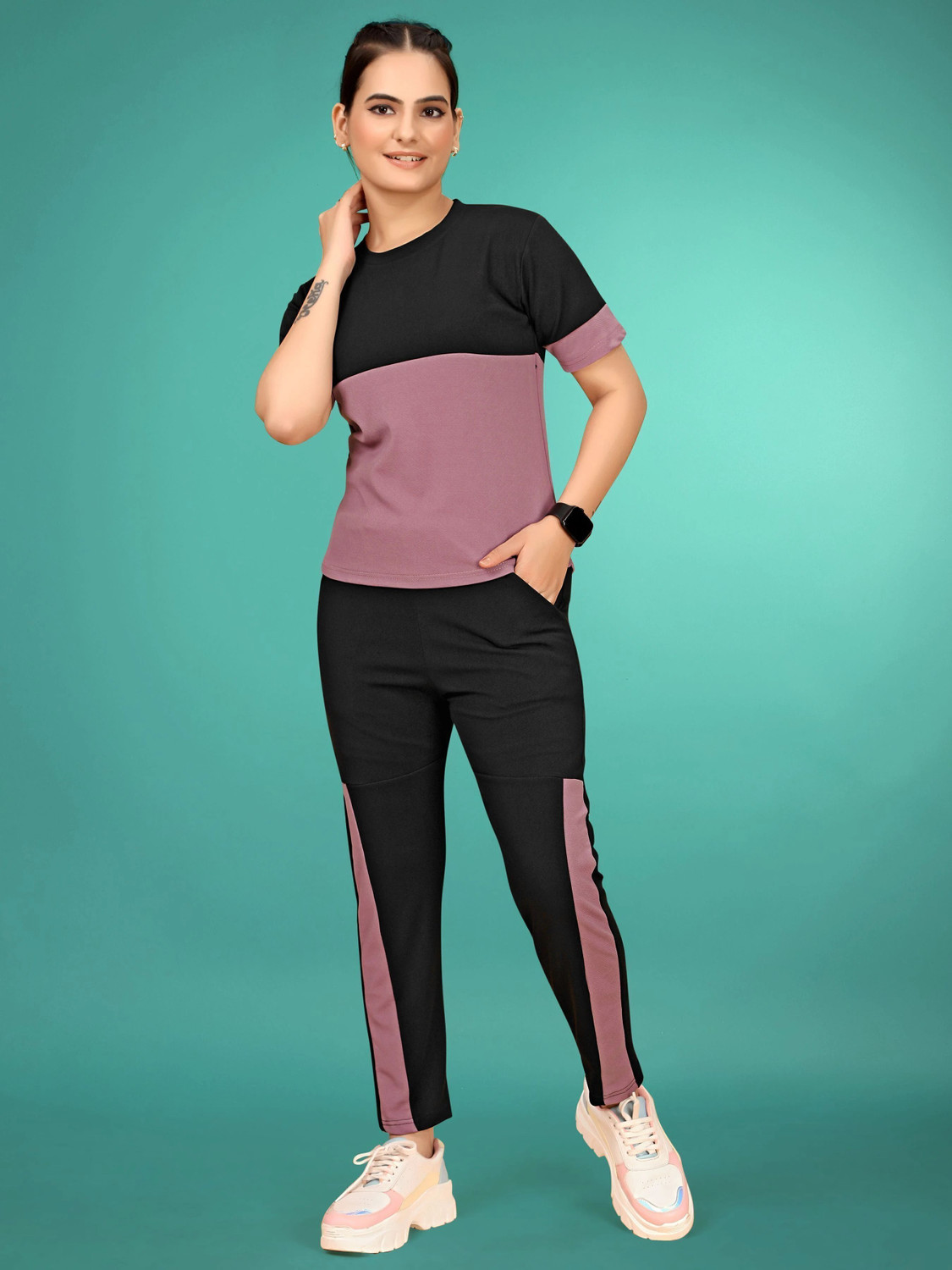 Image of SAKARMAA Women Colorblock Purple, Black Top & Pyjama Set