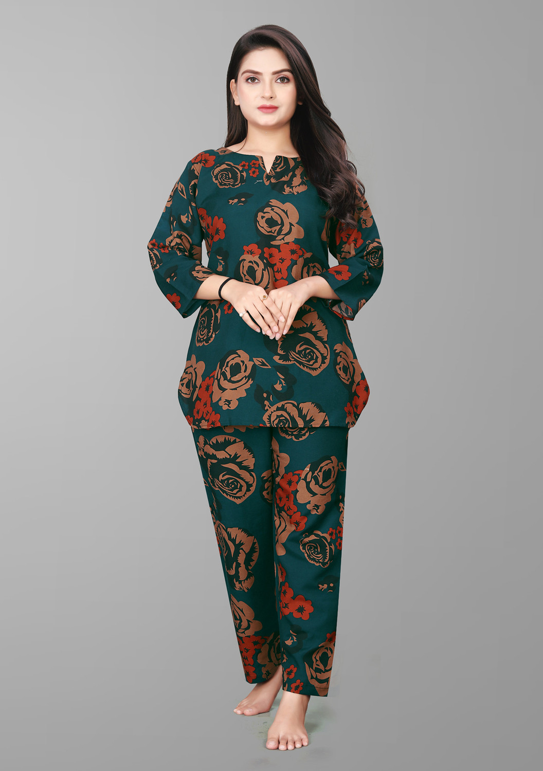 Image of CABT Women Printed Dark Green Top & Pyjama Set