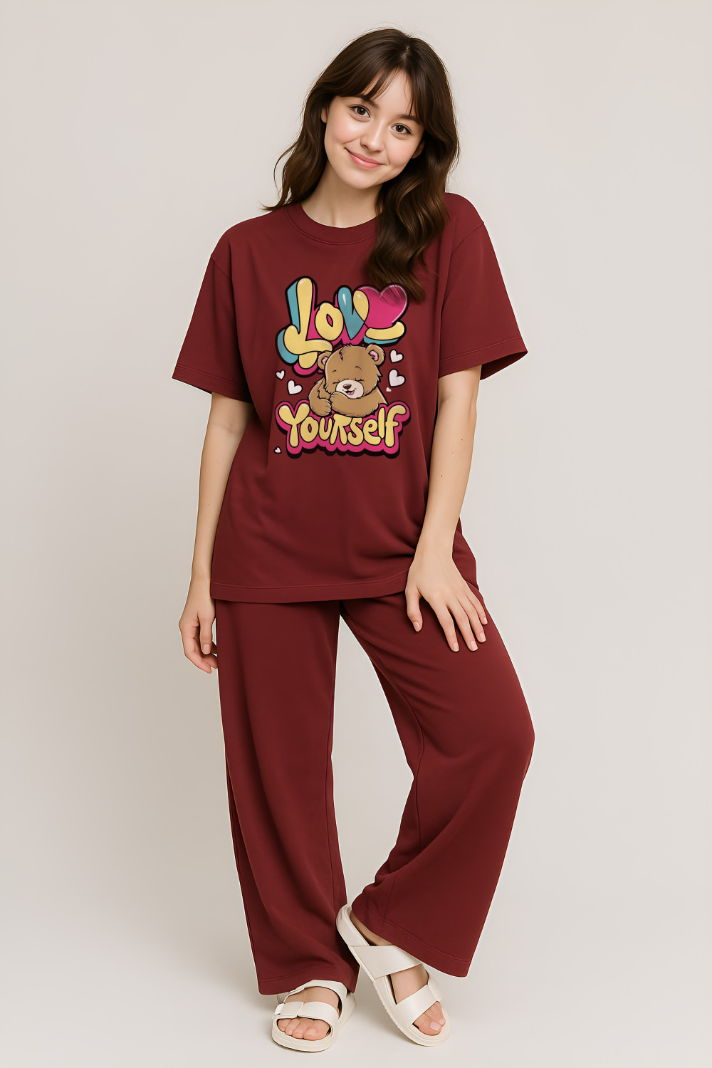 Image of Shonisha Women Graphic Print Maroon Top & Pyjama Set