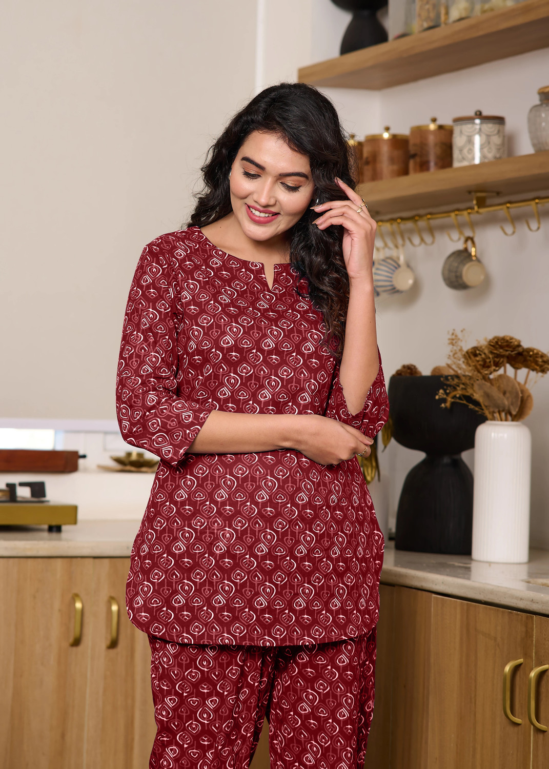 Image of NAMASYA Women Printed Maroon Night Suit Set