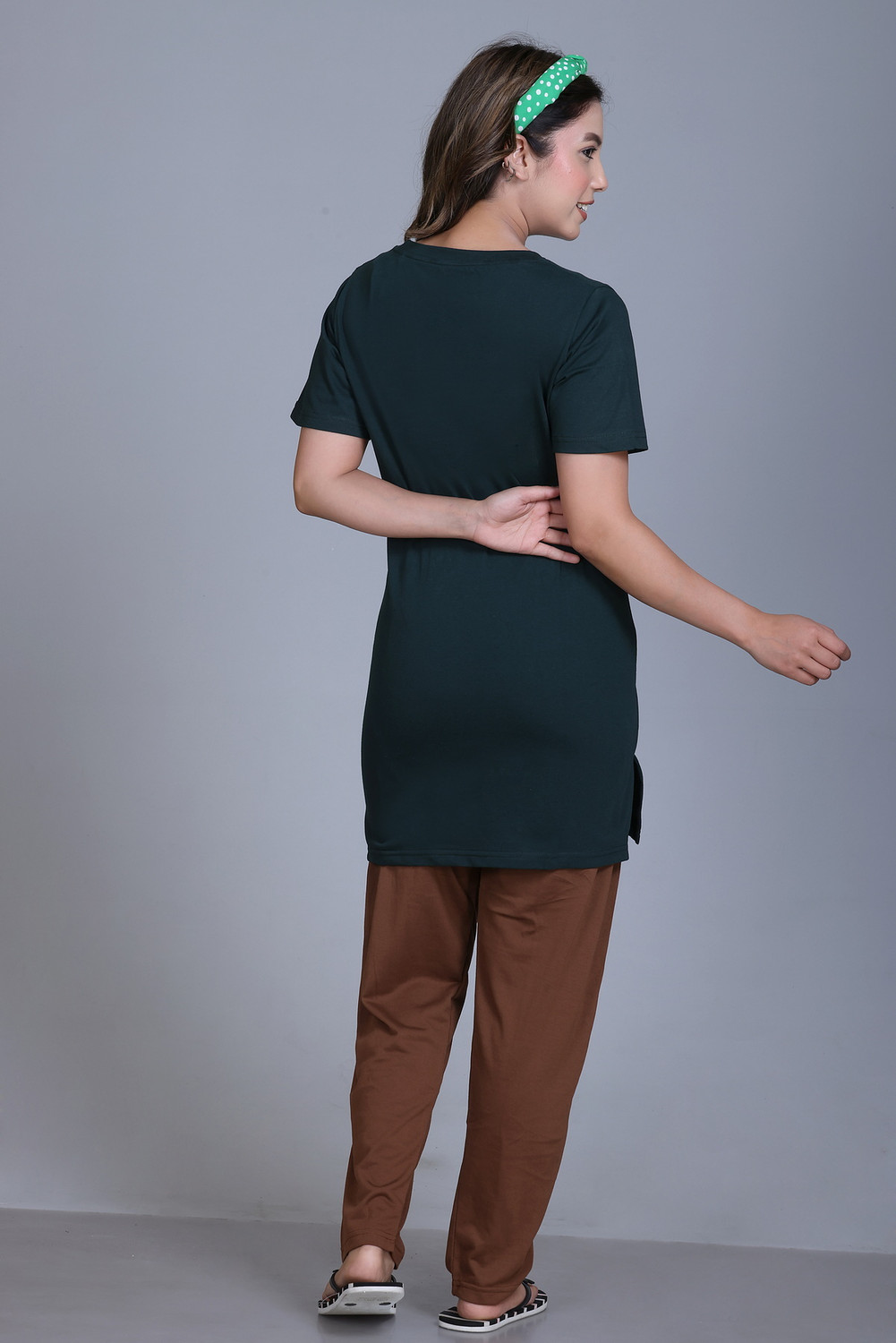Image of Slobros Women Printed Dark Green, Brown Night Suit Set