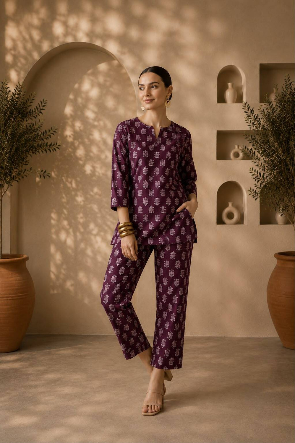 Image of Miss Rekha Women Floral Print Maroon Top & Pyjama Set