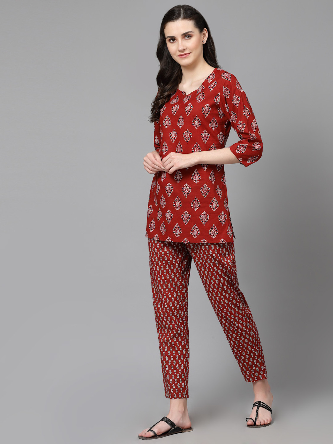 Image of his&her Women Top & Pyjama Set Maroon Printed