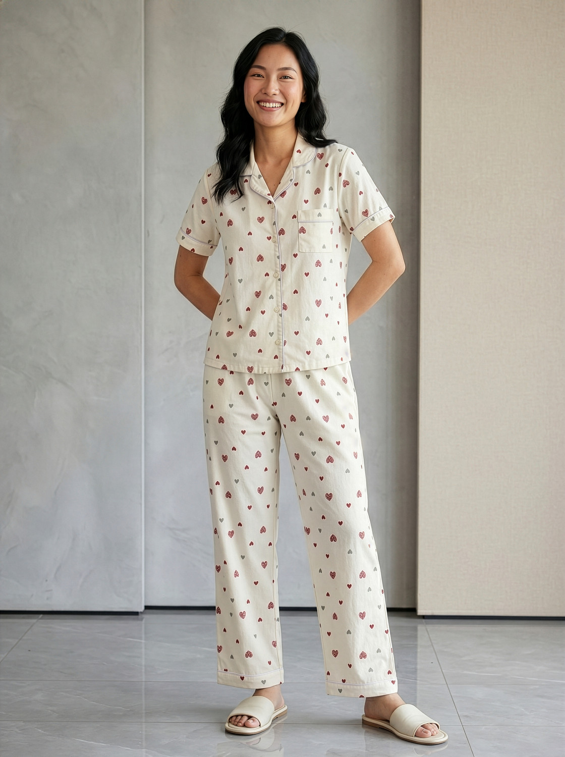 Image of Lugo Women Printed Beige, Red Night Suit Set
