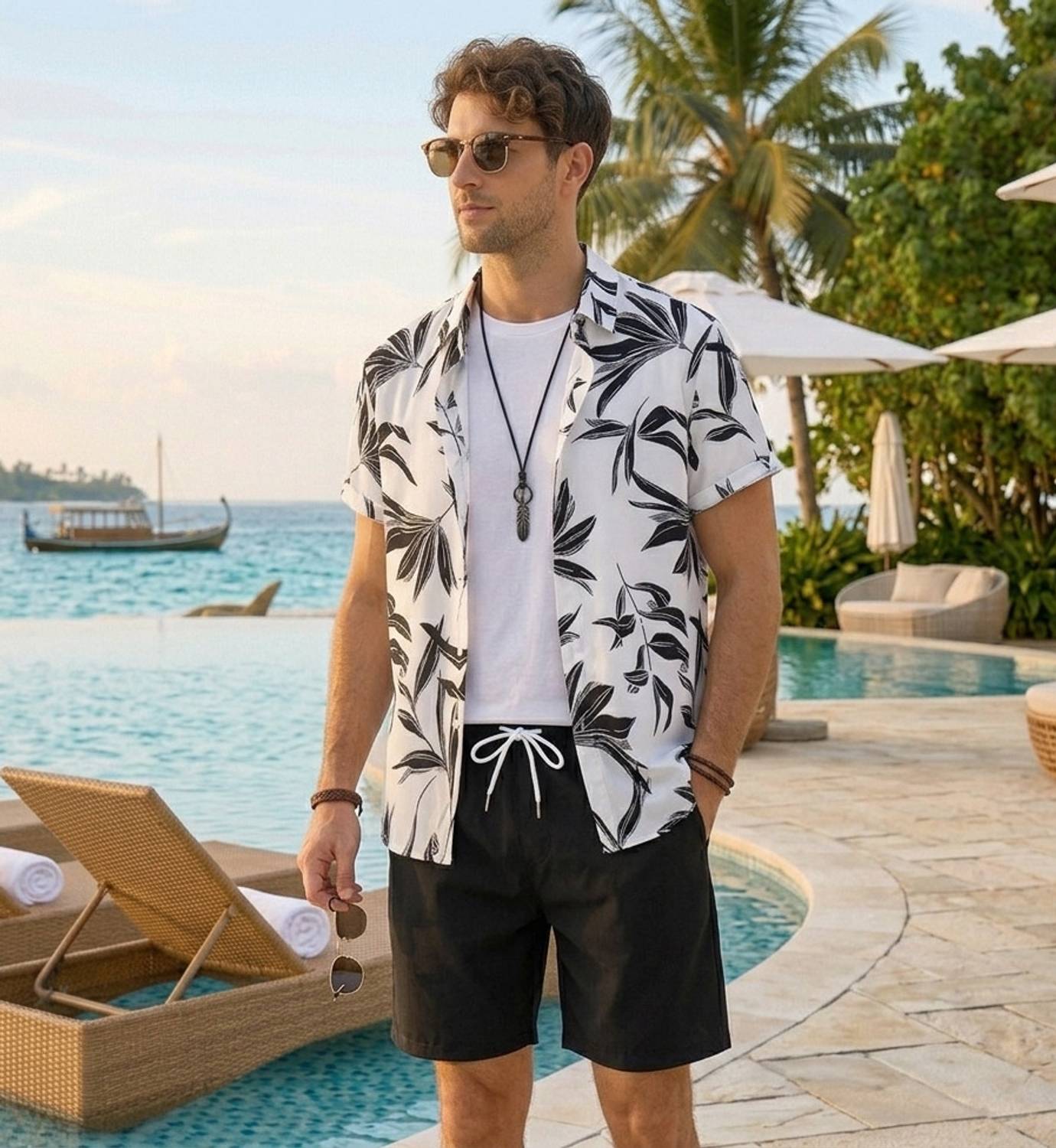 7starenterprise7 Men Printed Black, White Top & Shorts Set