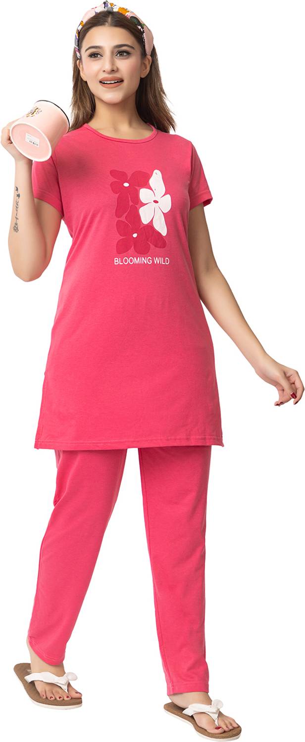 Looper Women Printed Pink Top & Pyjama Set