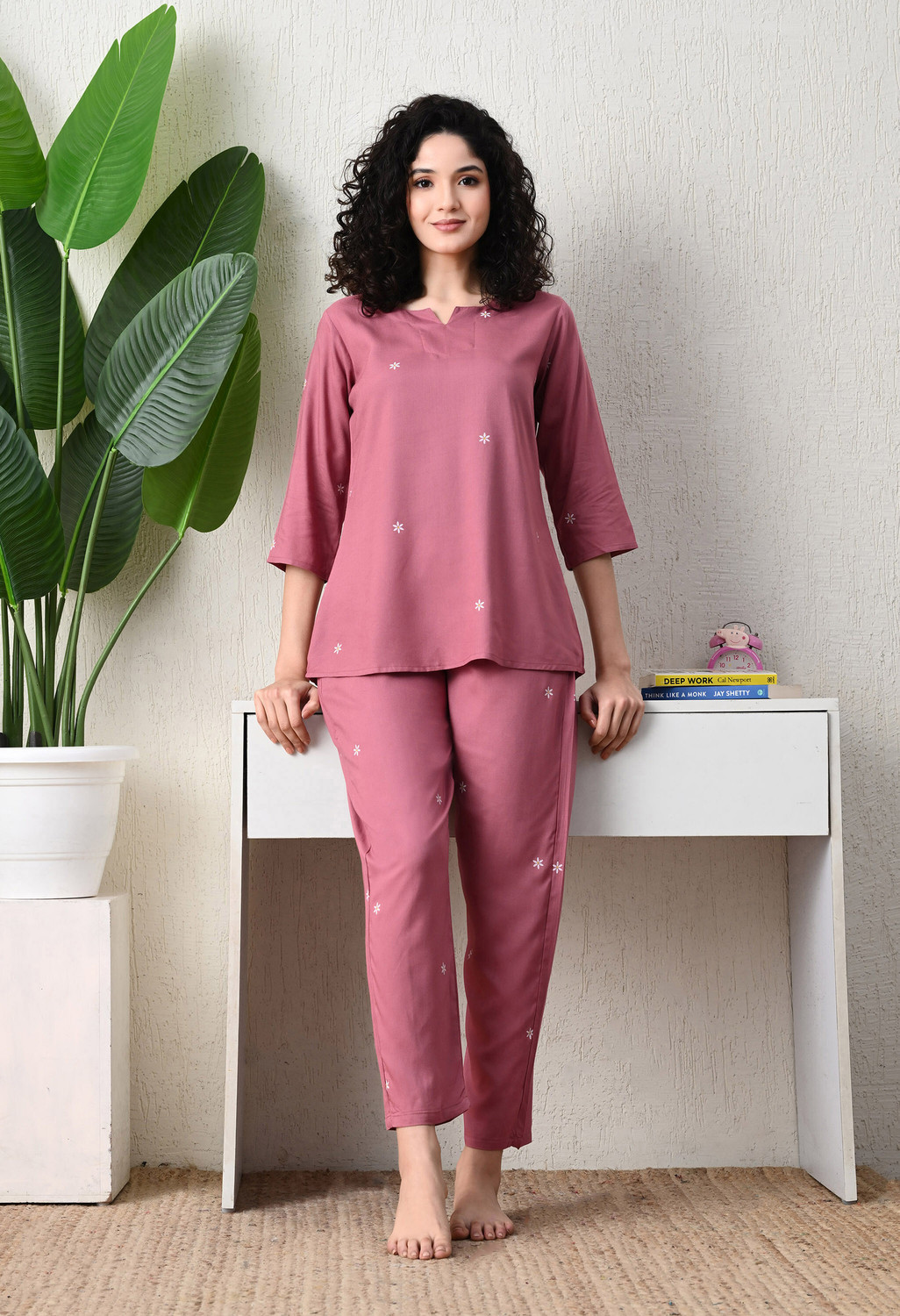 Image of DreamBe Women Solid Pink Night Suit Set