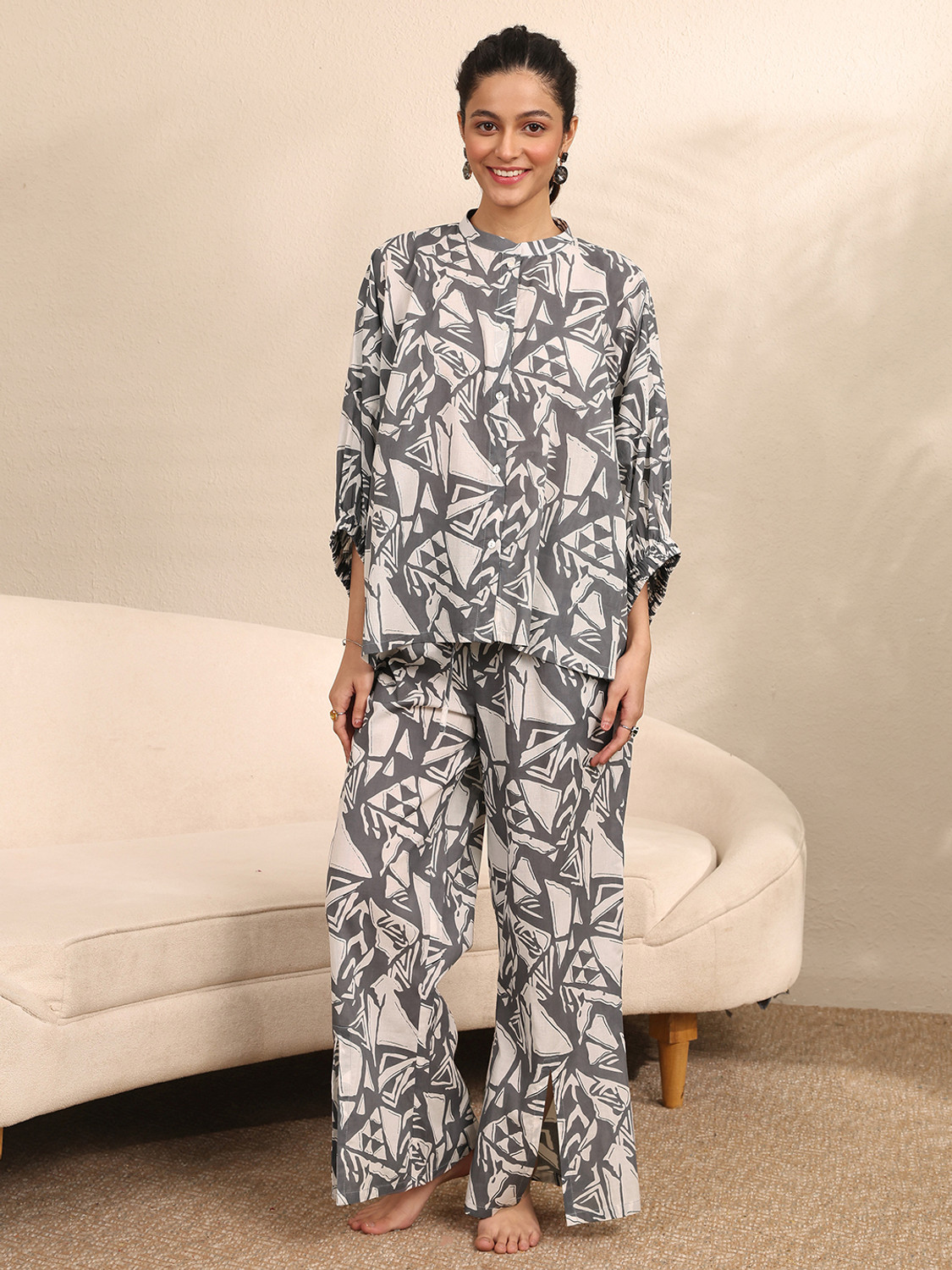 Image of LIBAS Women Printed Grey Shirt & Pyjama set