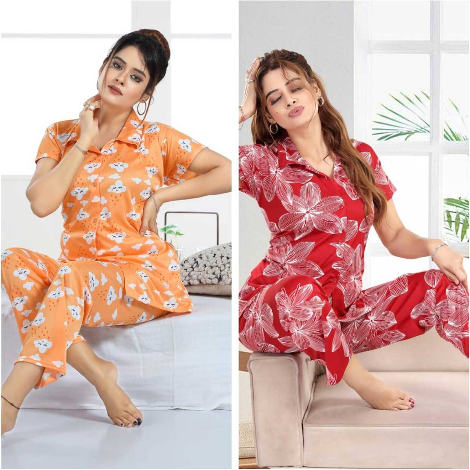 capasino Women Printed Purple Shirt & Pyjama set