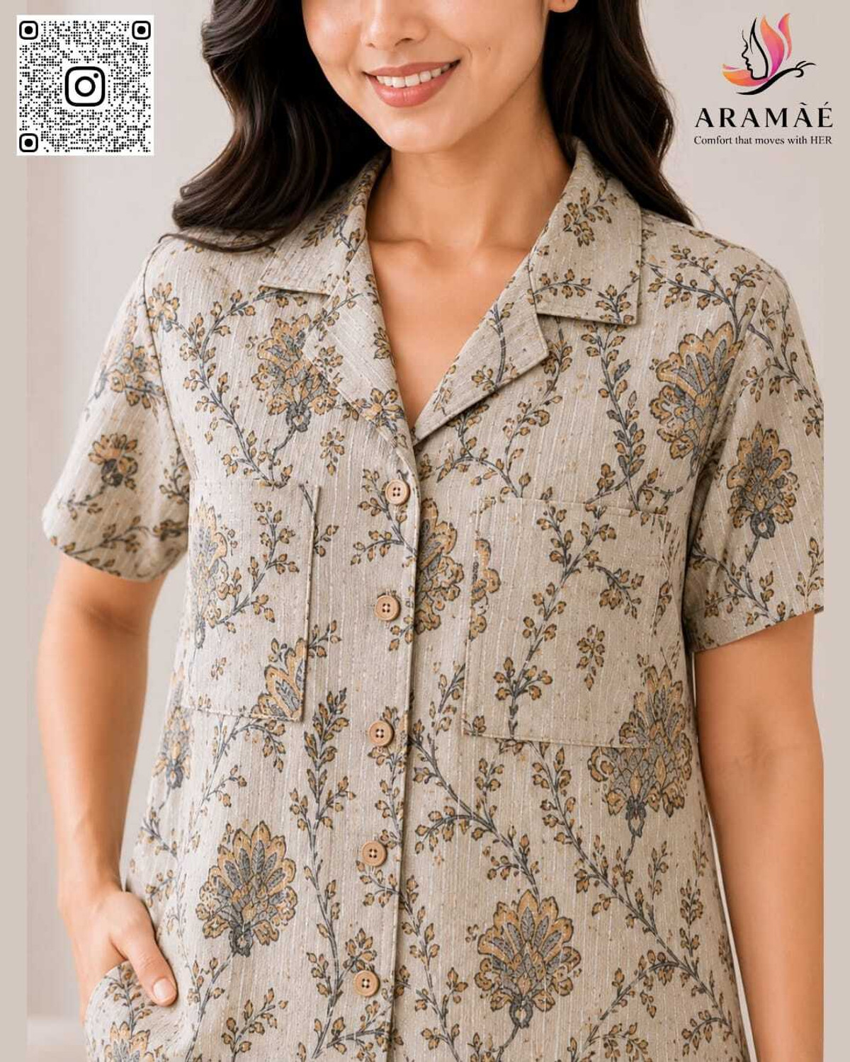 Image of aramae braless night wear Women Floral Print Beige Night Suit Set