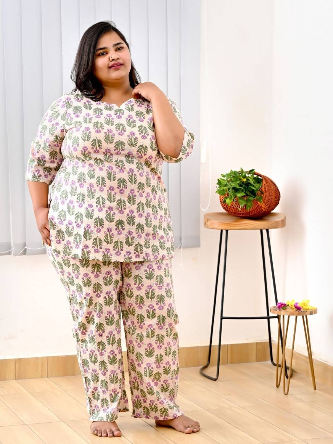 30 Looks Women Printed, Ethnic Motifs Beige Night Suit Set