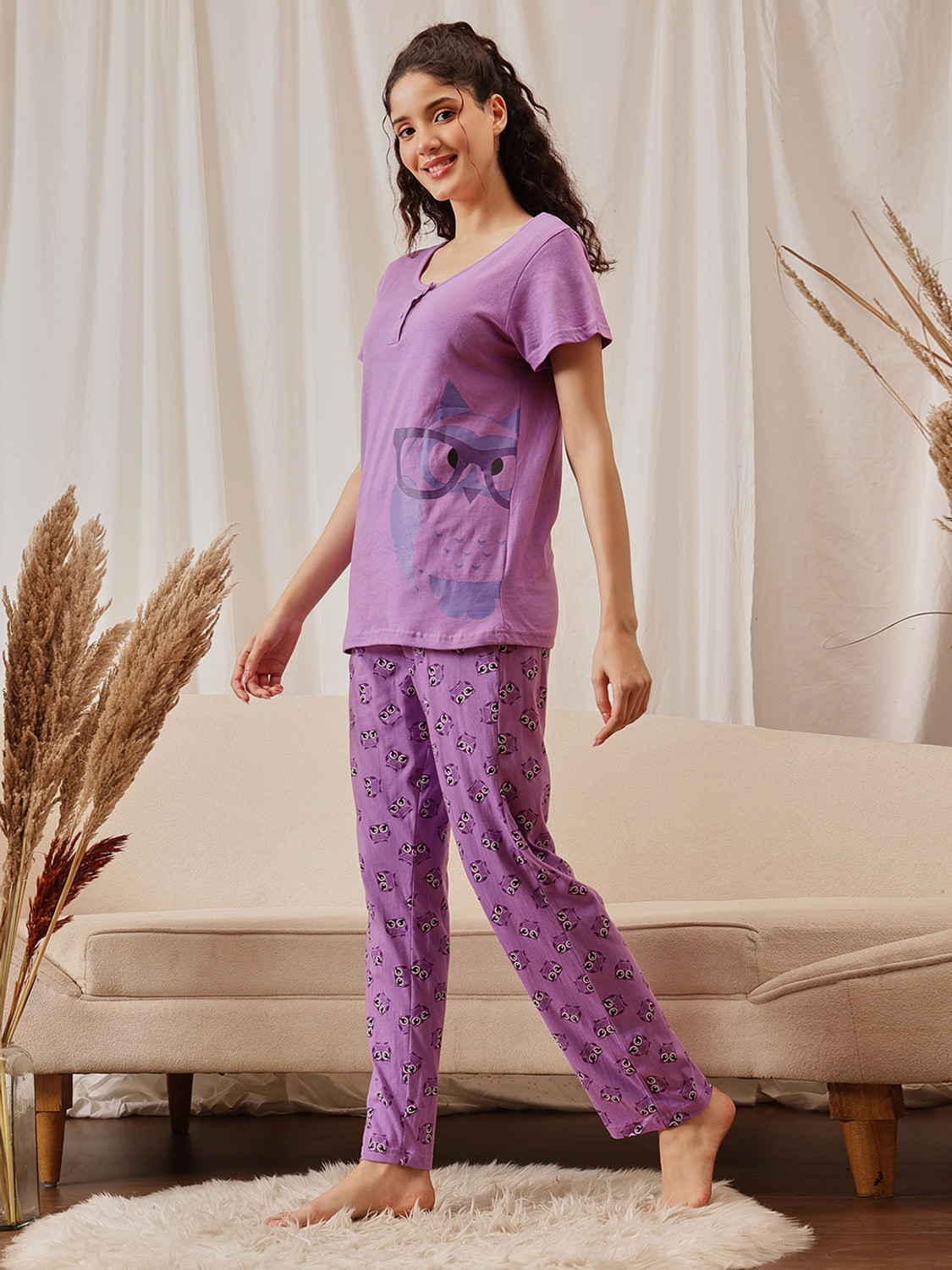 Image of Clovia Women Printed Purple Top & Pyjama Set