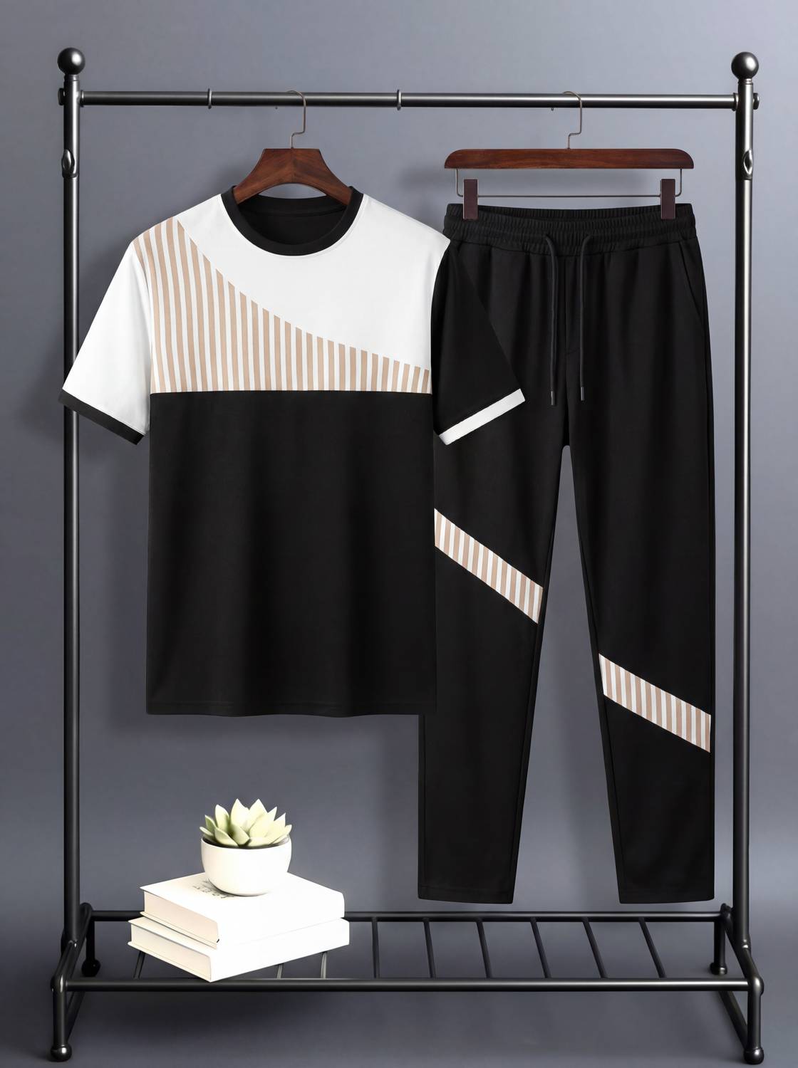 BRUSEANT Men Striped Black Night Suit Set