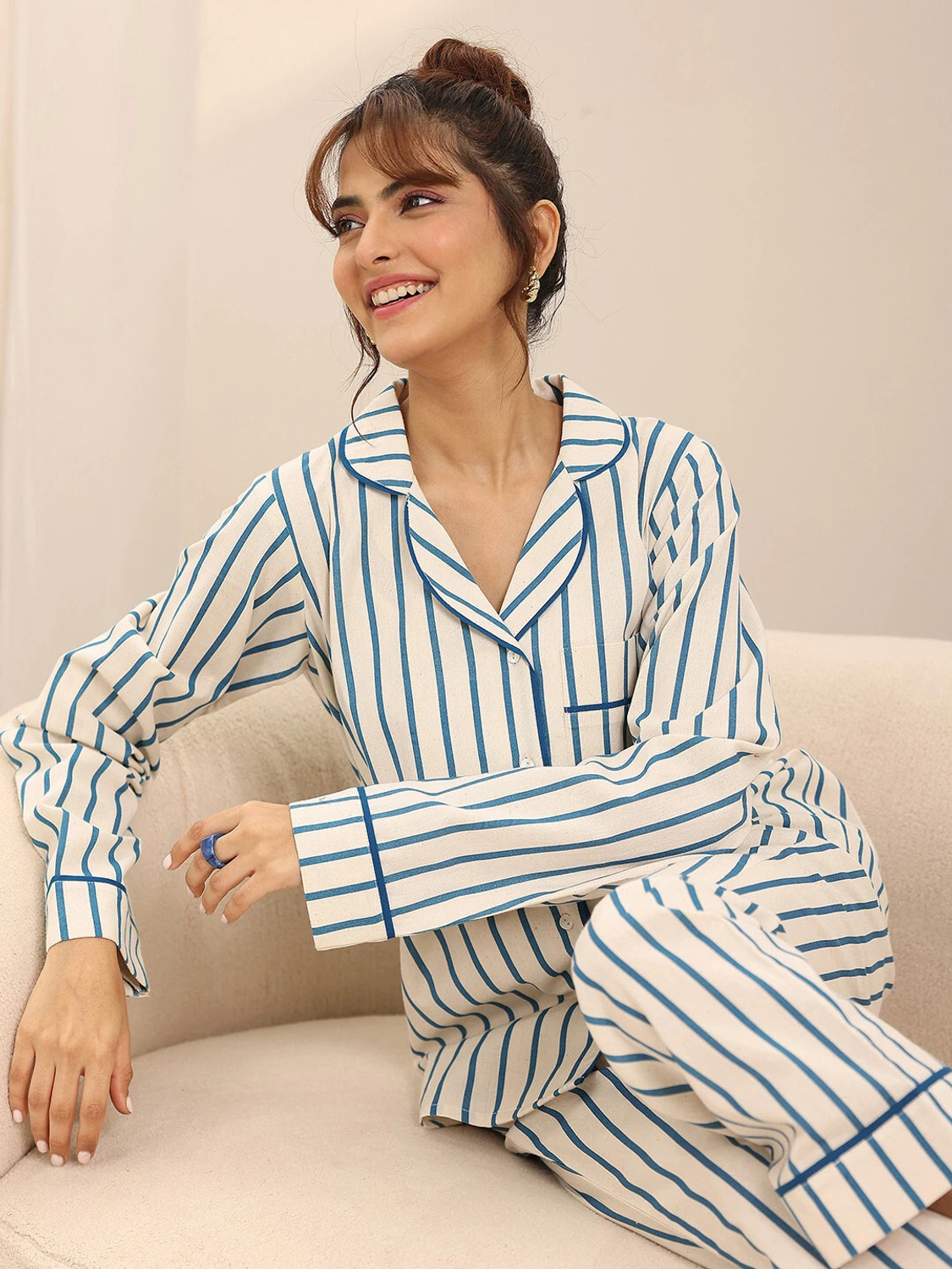 Image of LIBAS Women Striped White Night Suit Set