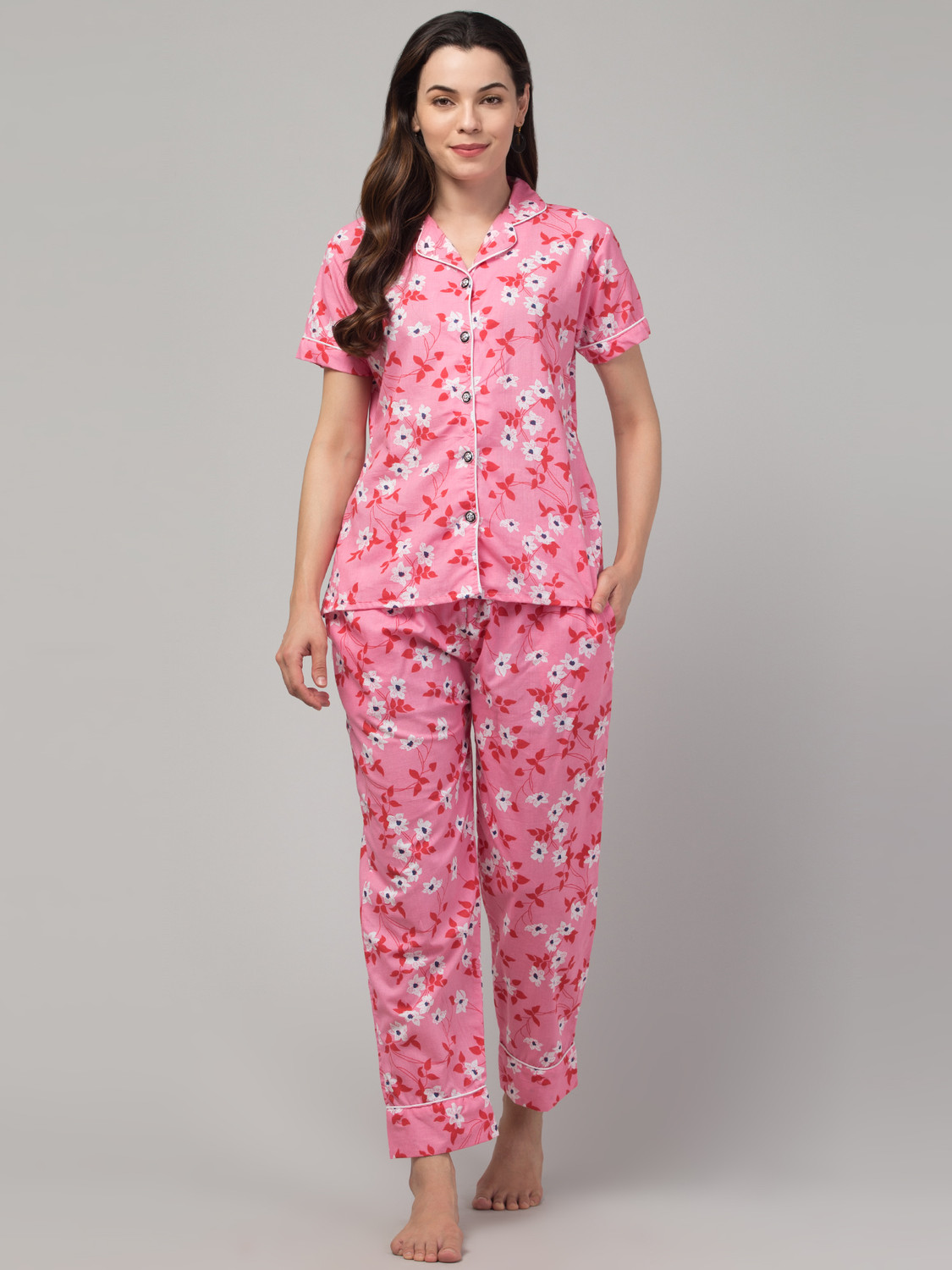 Image of CROWN KING GARMENTS Women Floral Print Pink Shirt & Pyjama set