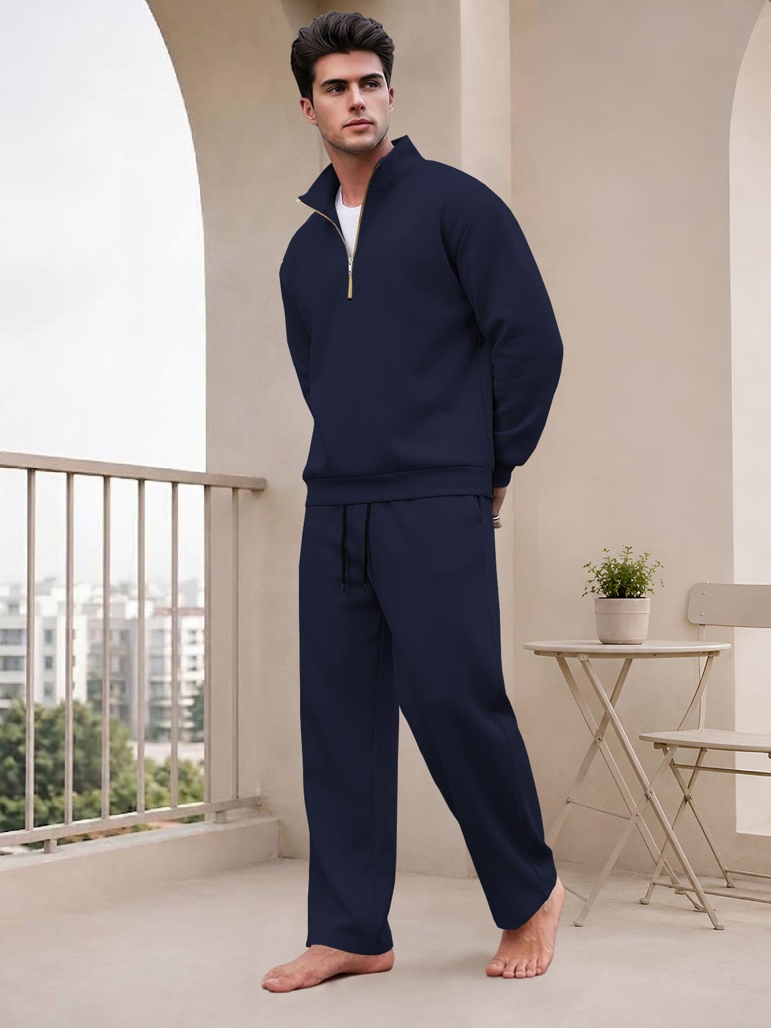 Image of SPECTATOR Men Solid Dark Blue Night Suit Set