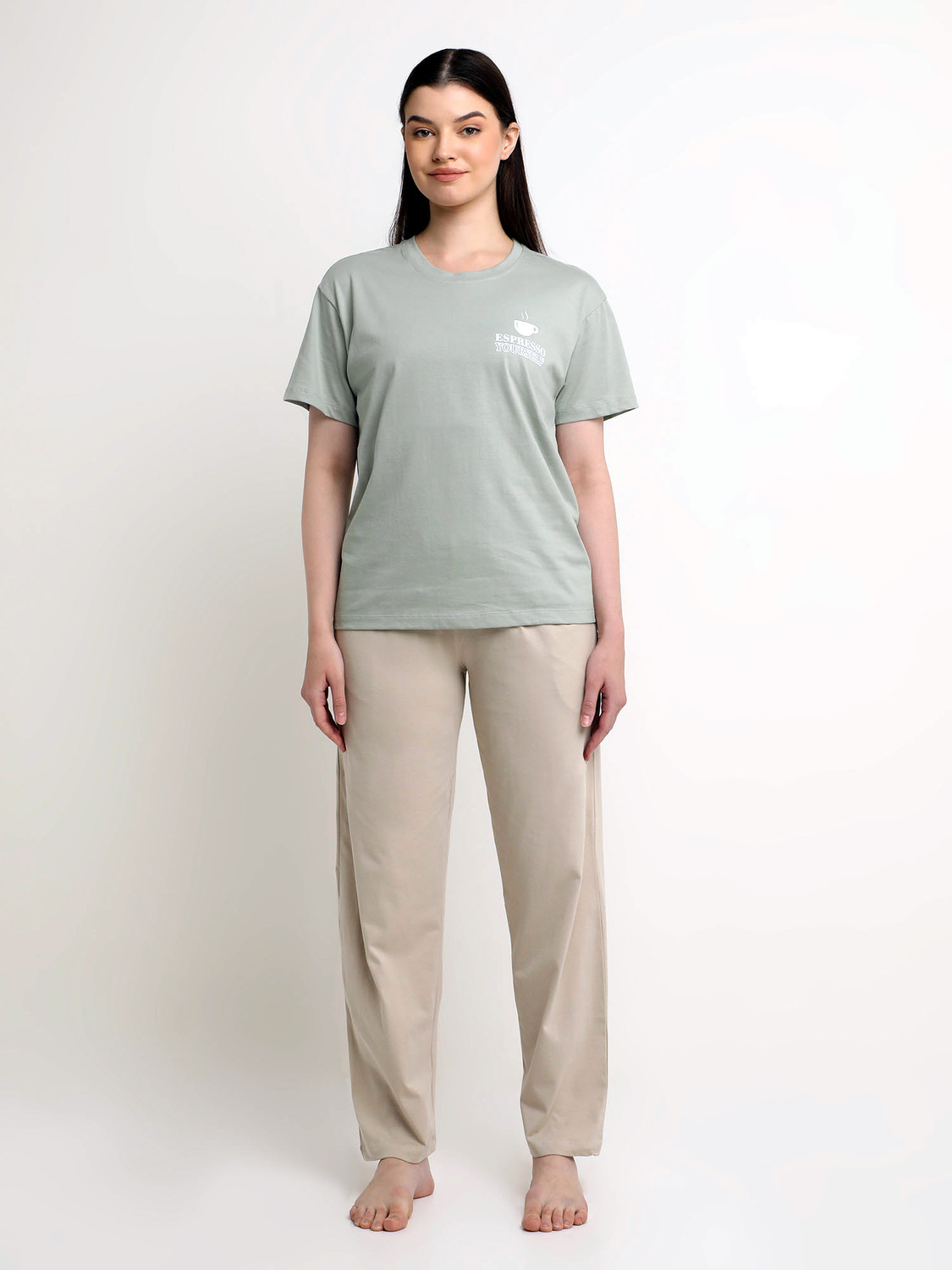 Image of Yoroko Women Solid Beige Top & Pyjama Set