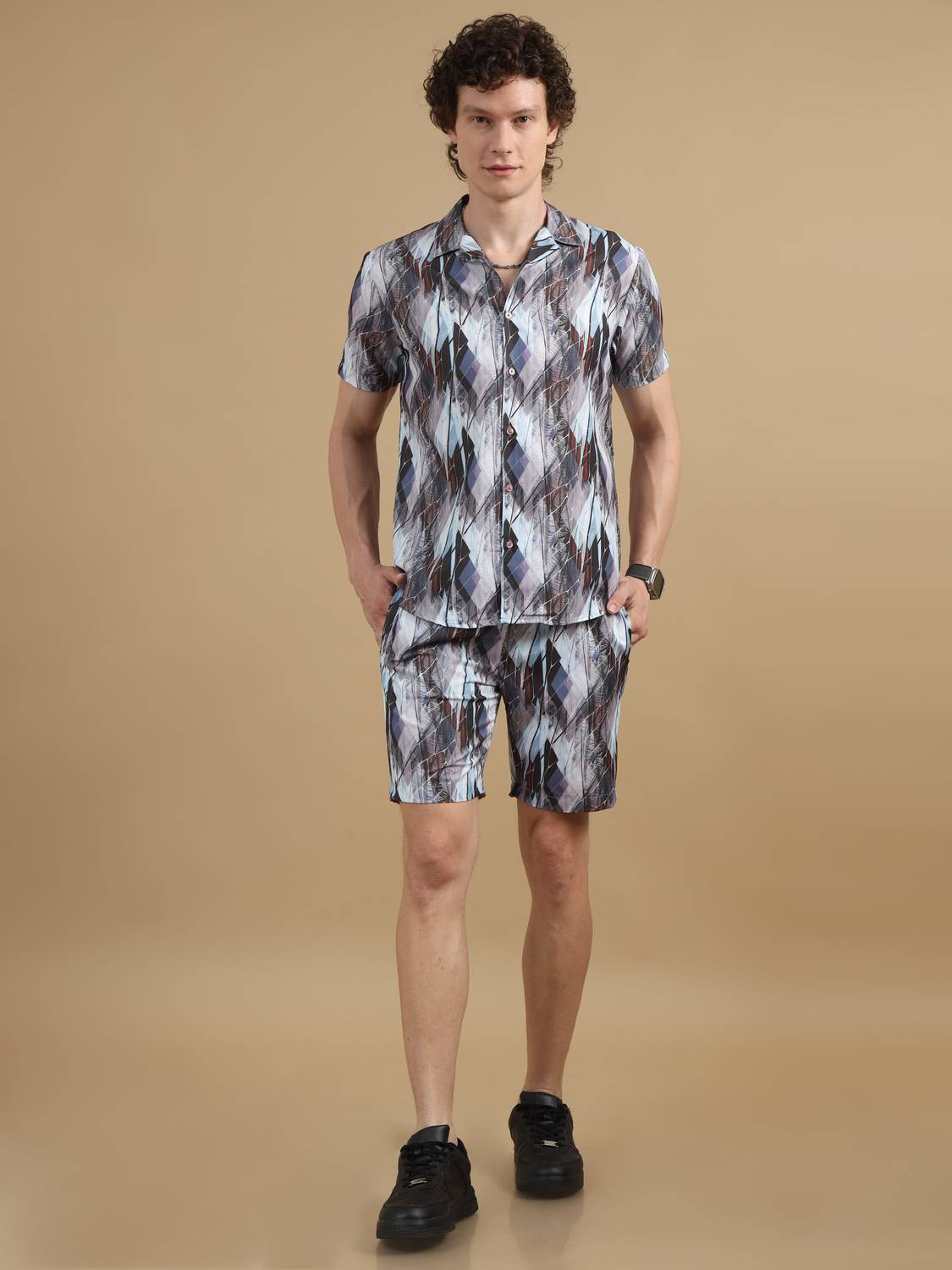Bushirt Men Printed Grey Night Suit Set