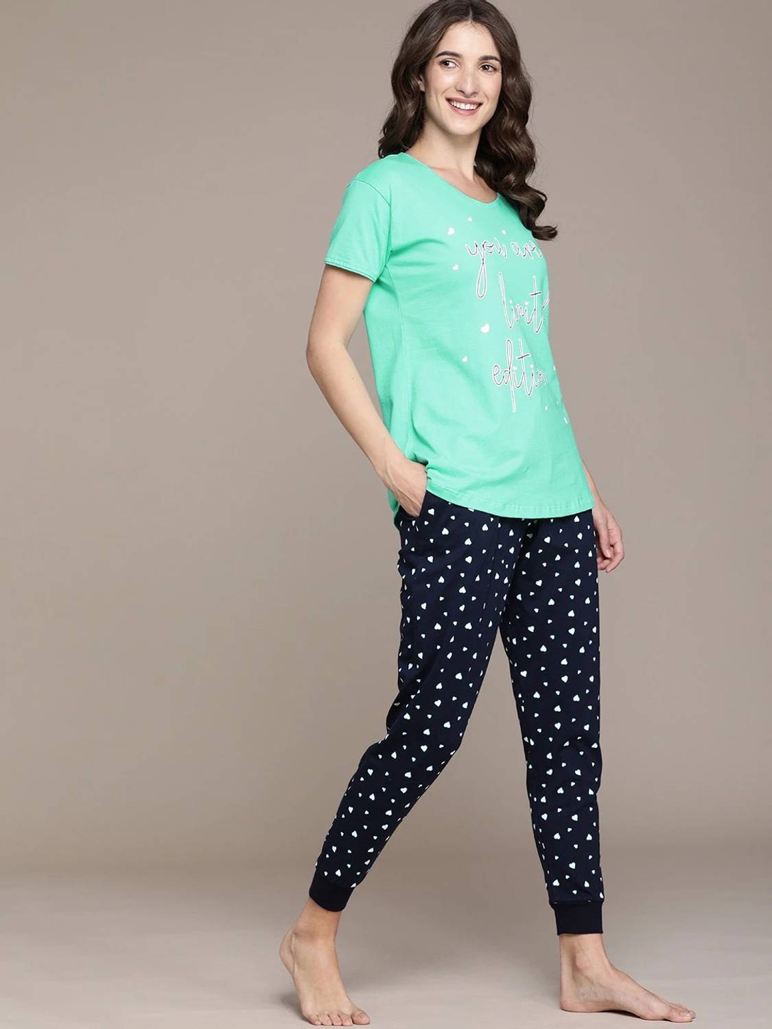 Beebelle Women Printed Green, Dark Blue Top & Pyjama Set