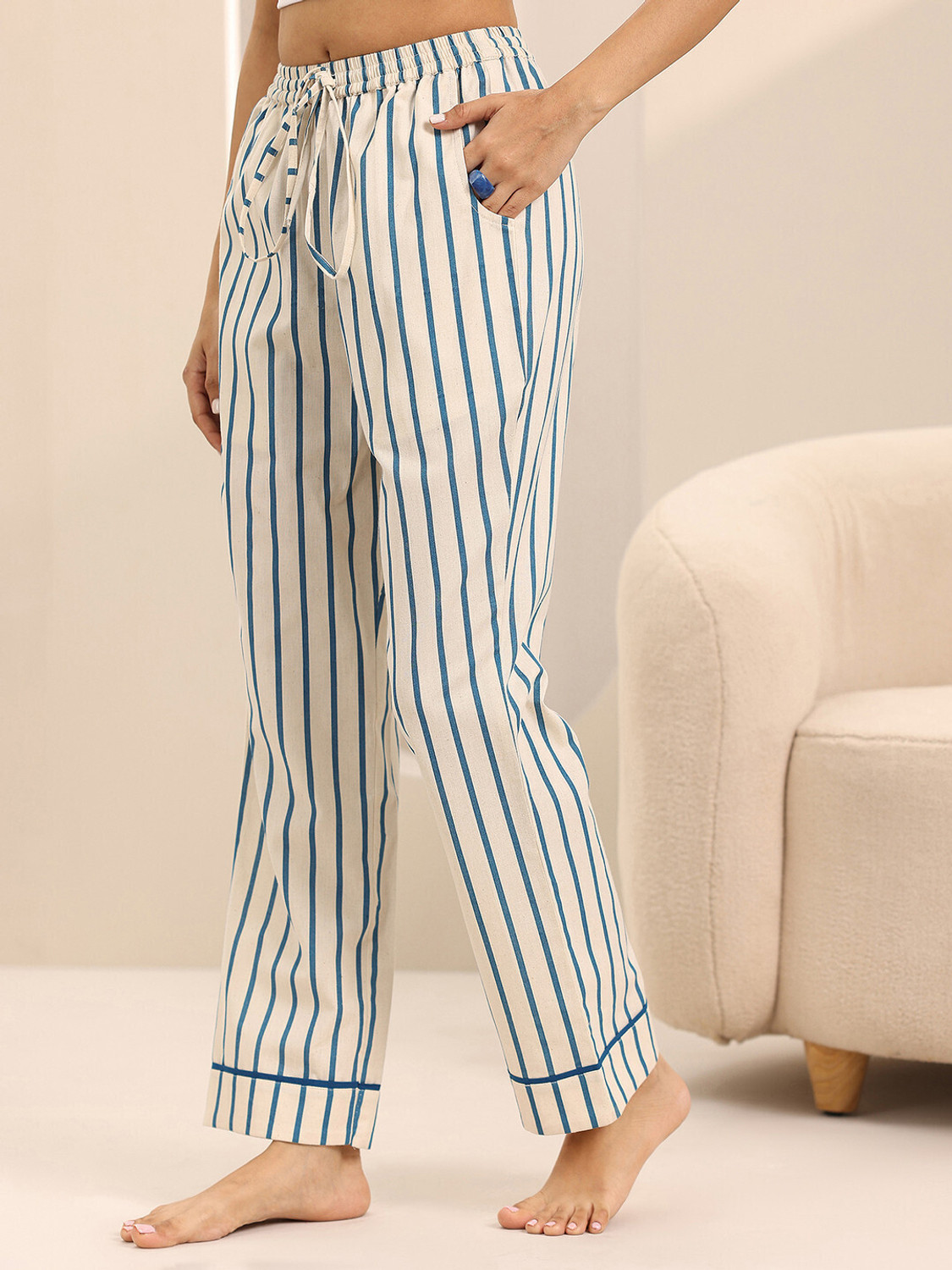 Image of LIBAS Women Striped White Night Suit Set