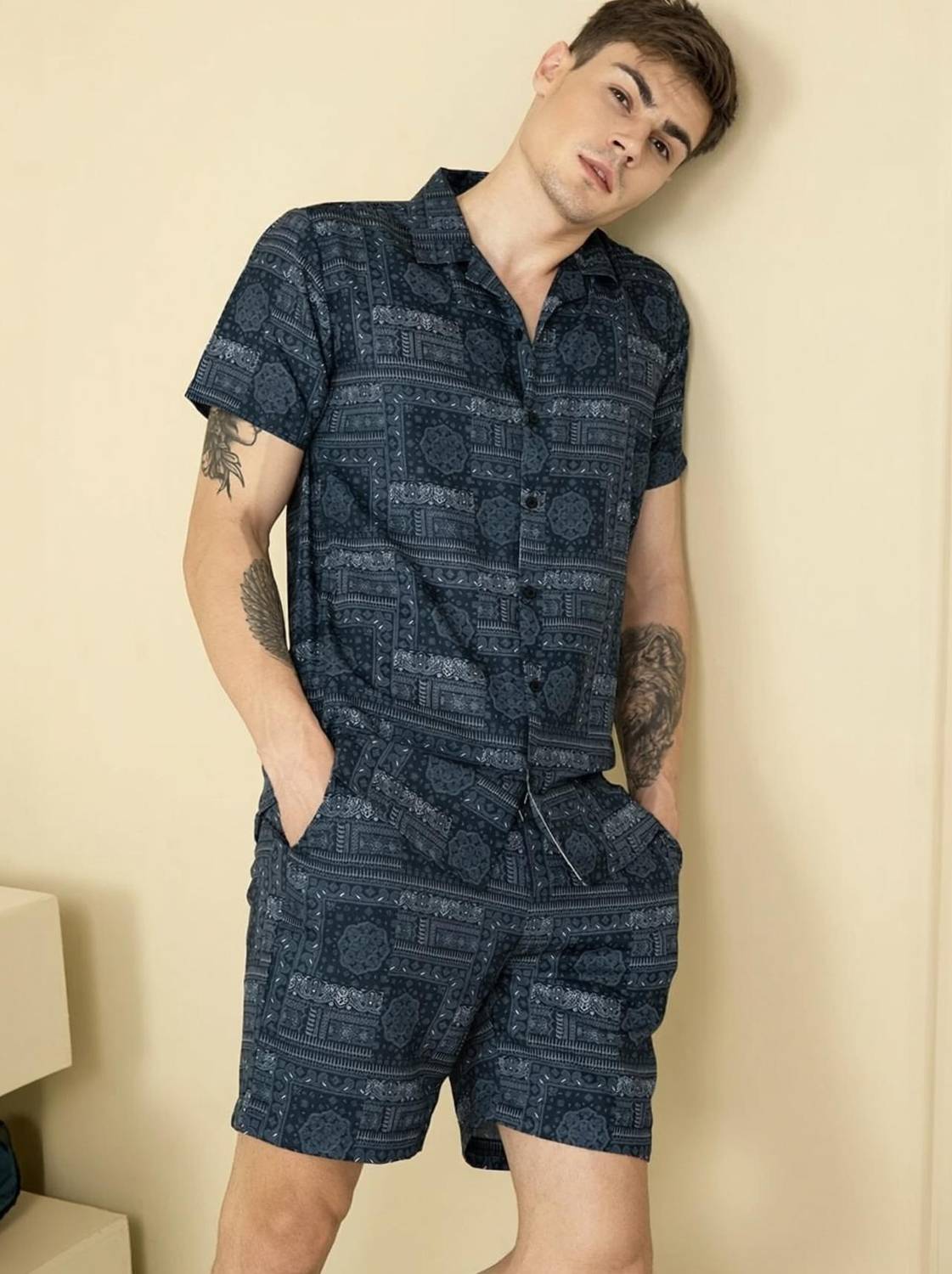 ALIJA FASHION Men Printed Dark Blue Night Suit Set