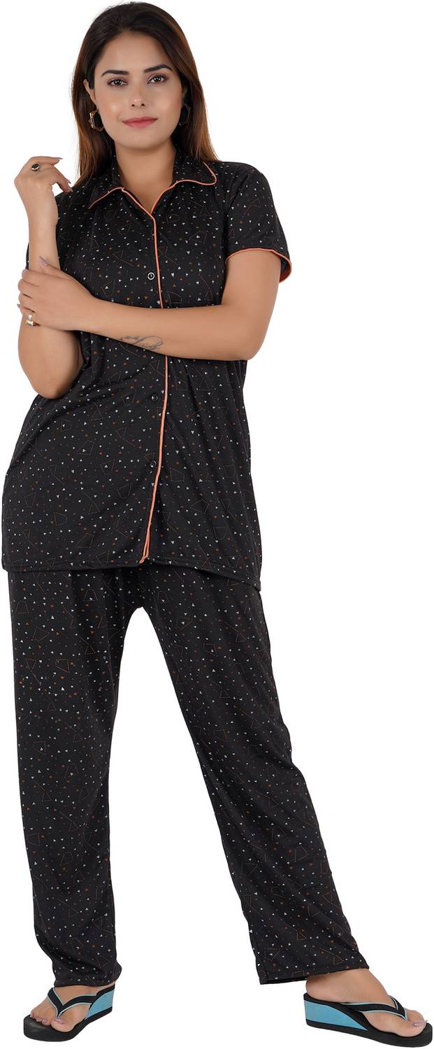 XELLENCE Women Printed Black Shirt & Pyjama set