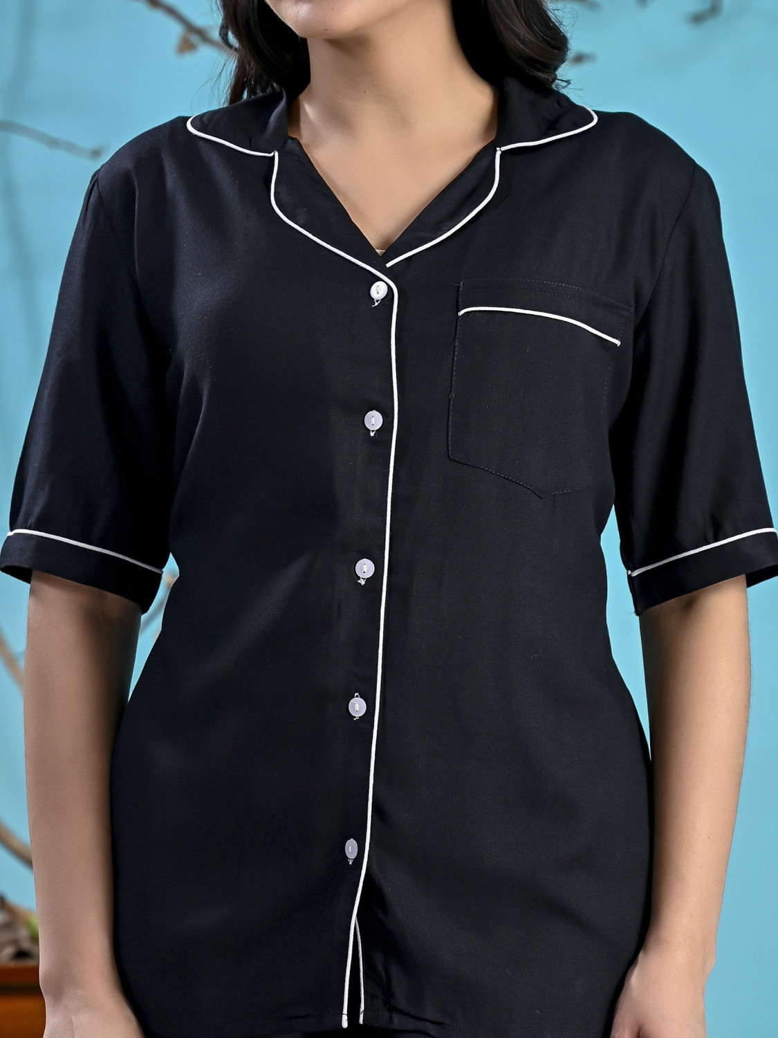 Image of GORDHAN Women Solid Black Shirt & Pyjama set