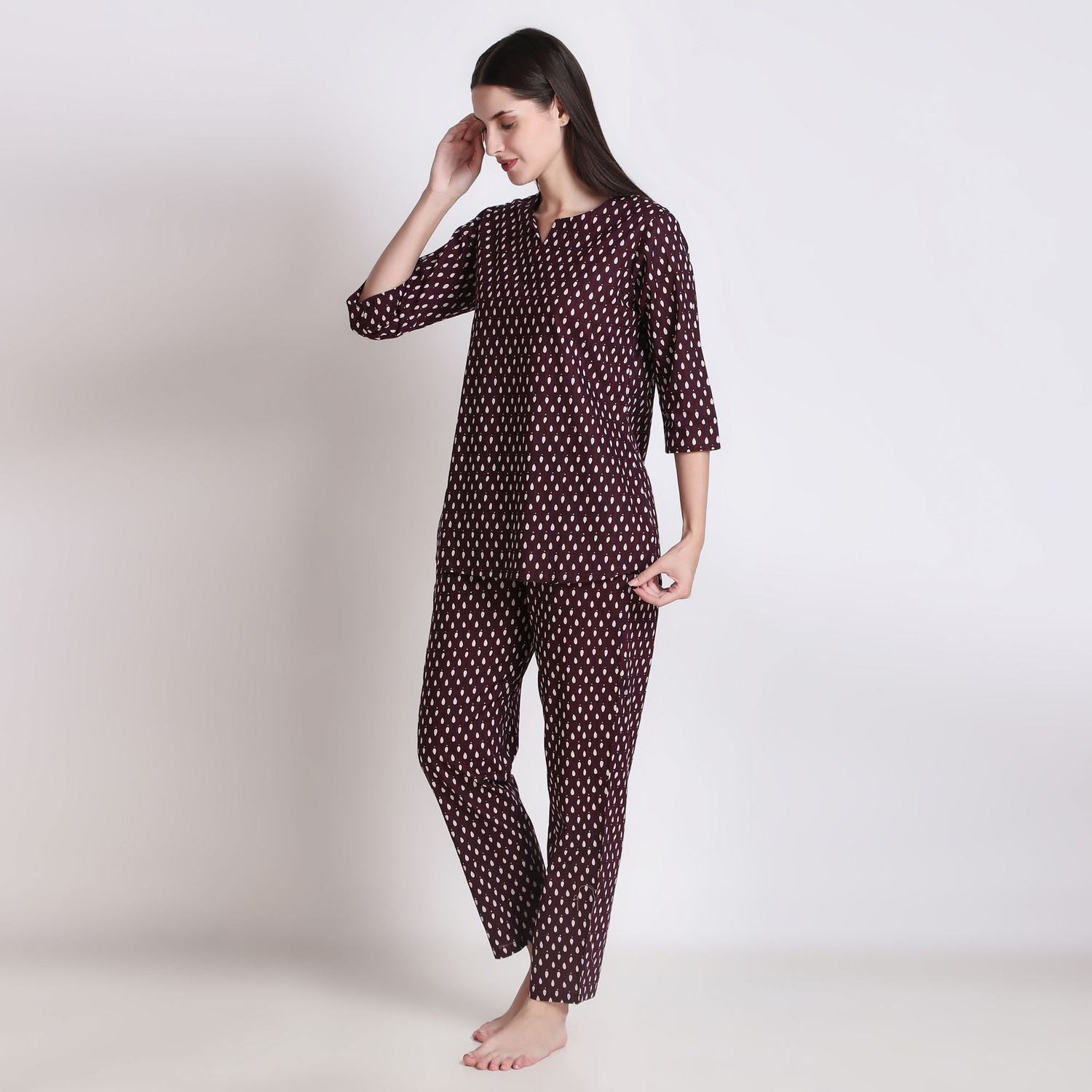 Image of DreamBe Women Printed Maroon Night Suit Set