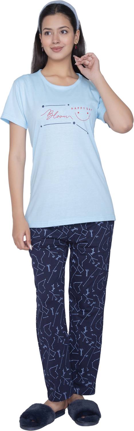 AWIBE Women Cotton Night Suit | 2 Pocket Pajama | Soft Comfortable Sleepwear Women Printed Light Blue Night Suit Set